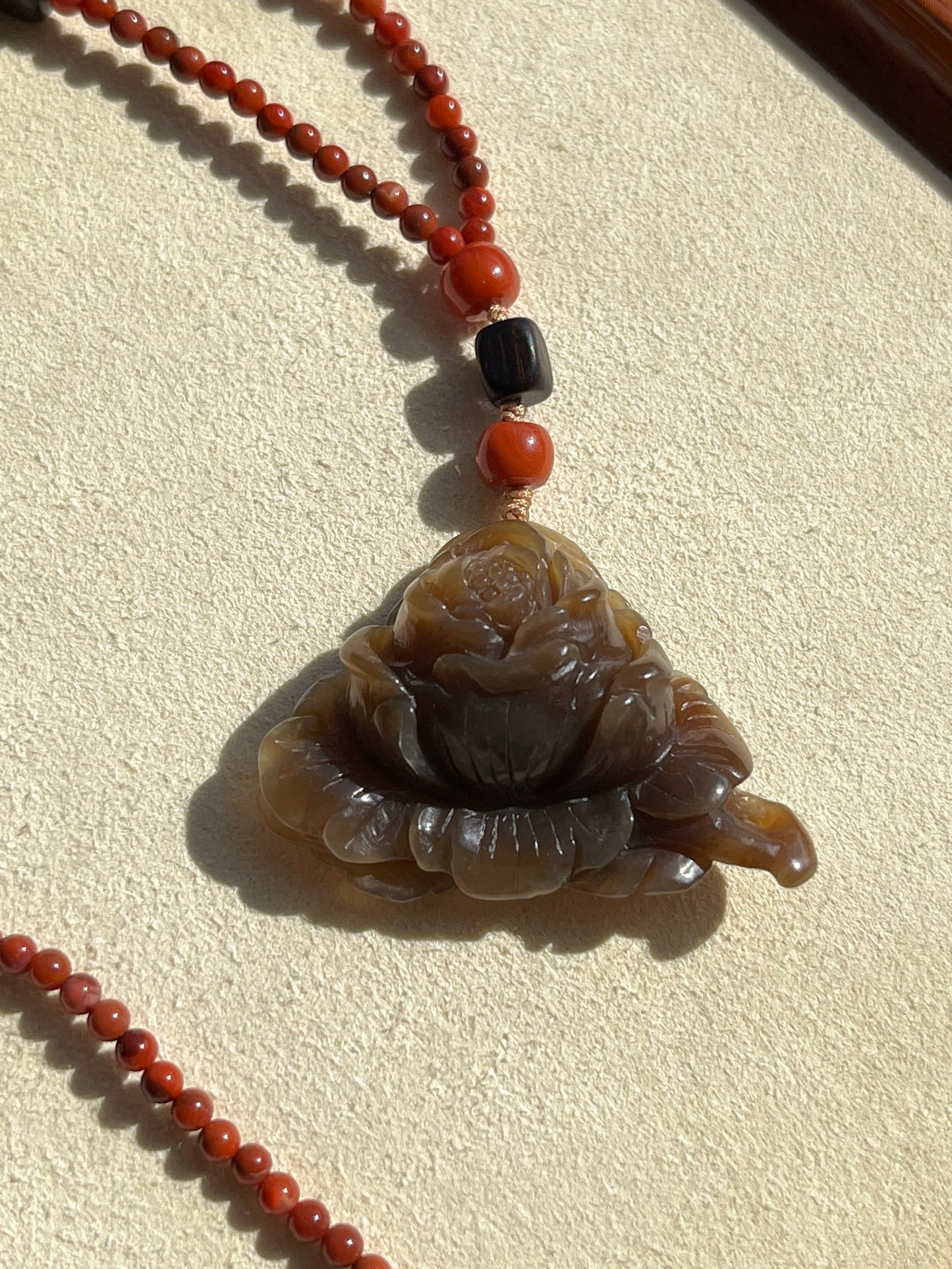 Hand Carved Brown Hetian Jade Peony Flower Pendant