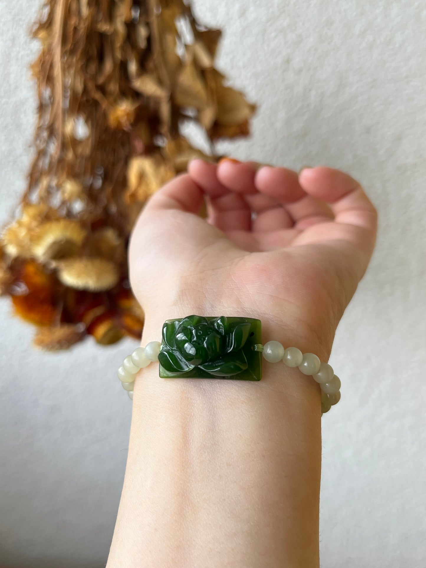 Bracelet Crafted from a Hand Carved Green Hetian Jade Lotus Pendant | 手雕碧玉小荷花手牌