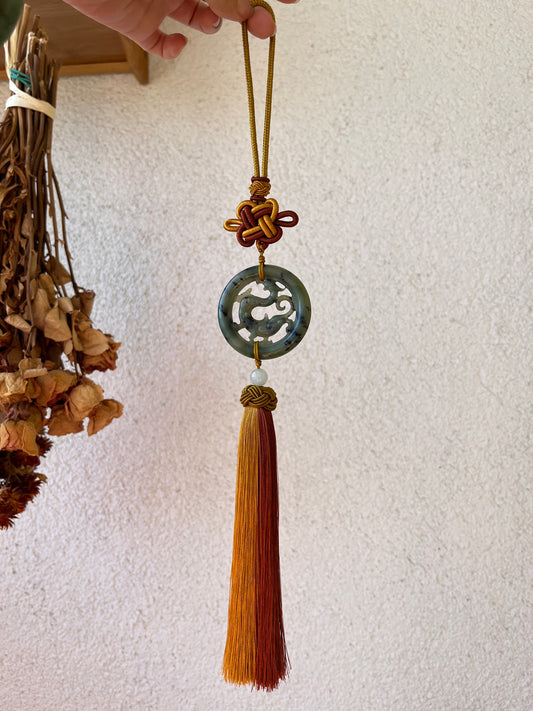 Carved Hetian Jade Chi Dragon Car Hanging,  和田青花螭龙车挂