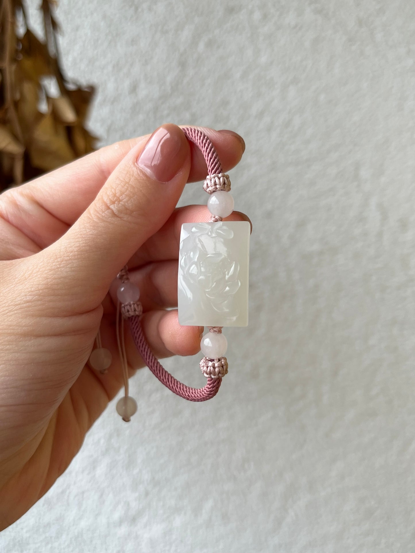 Handmade Bracelet Crafted from a Hand Carved White Hetian Jade Lotus and dragonfly Pendant