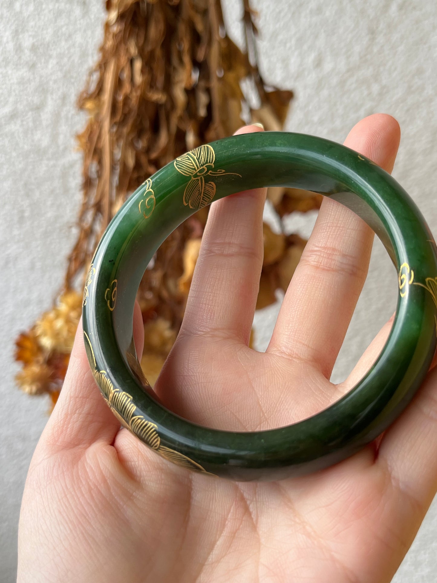 Hetian Jade Bangle with Hand-painted Gold Accents 62mm, 和田碧玉描金宽版手镯