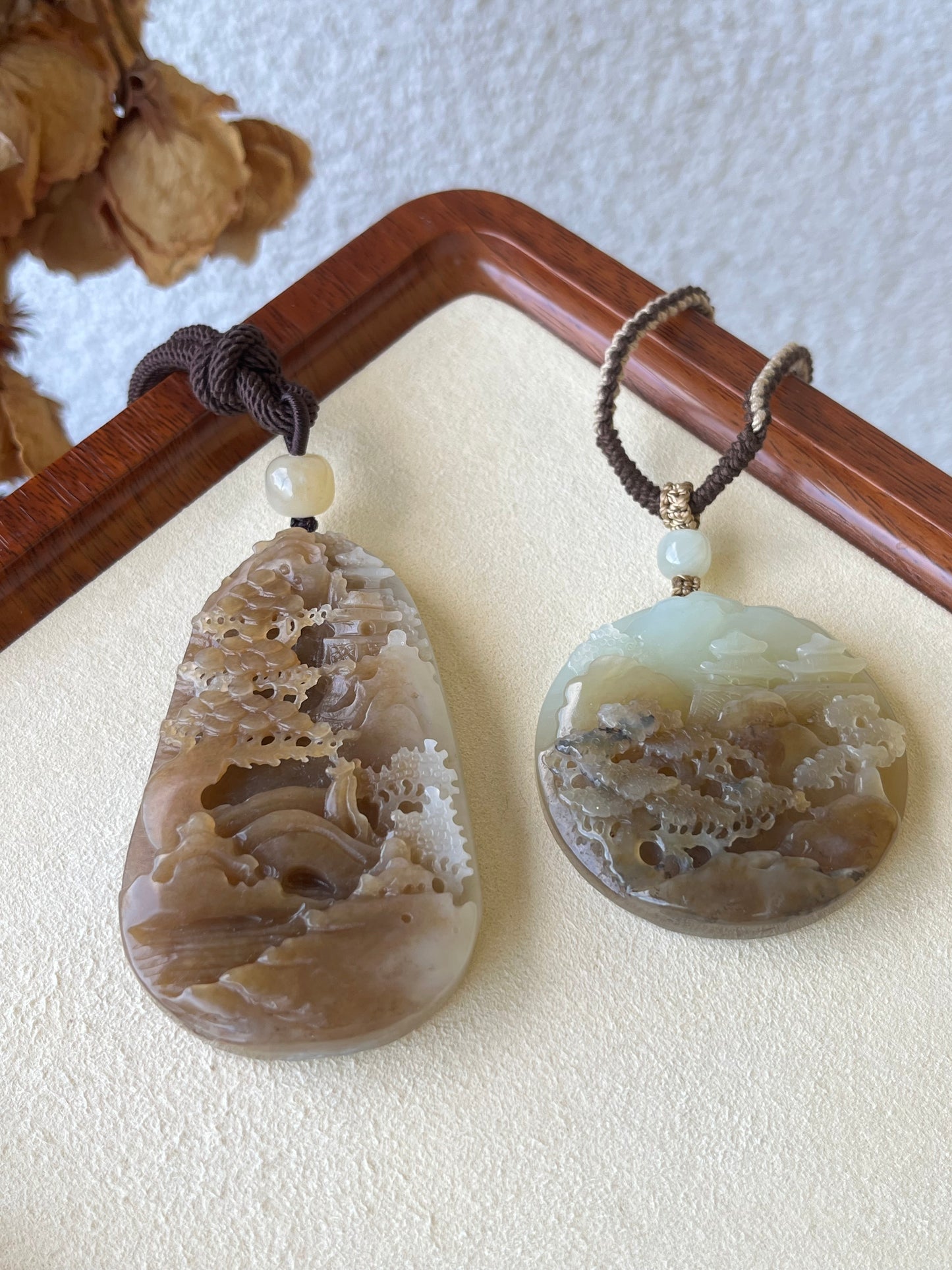 Hand Carved Brown and White Hetian Jade Landscape Pendant | 手雕糖白和田玉山水手把件
