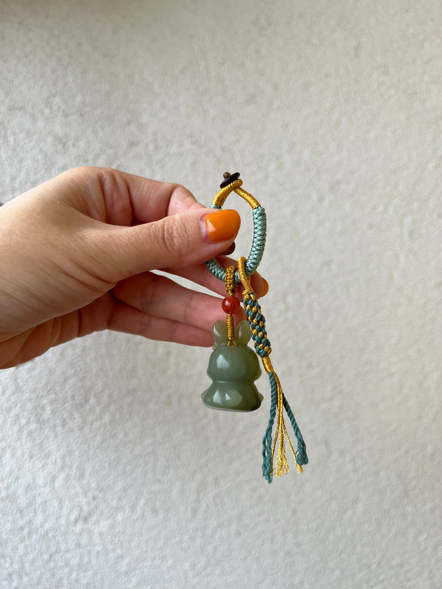 Handmade Bag Charm with a Super Cute Hand Carved Blue Hetian Jade Rabbit