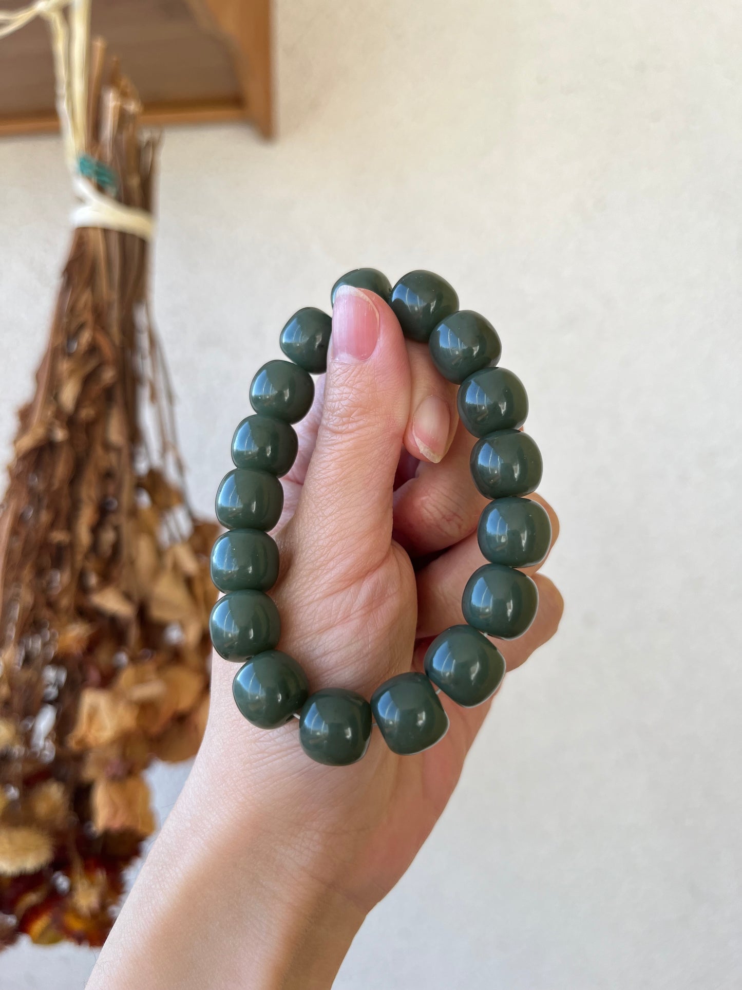 Blue Hetian Jade Bracelet with 12mm x 10mm Barrel Bead