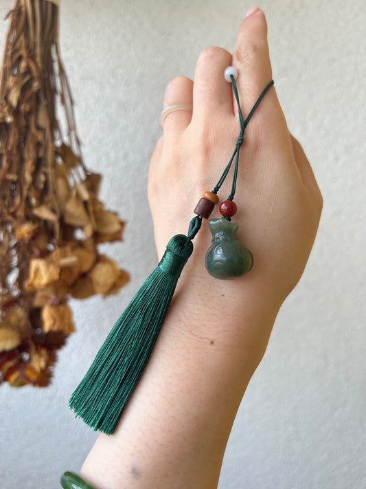 Hand Carved Green Hetian Jade Lucky Blessing Pouch Bag Charm | 和田湖水绿福袋包挂