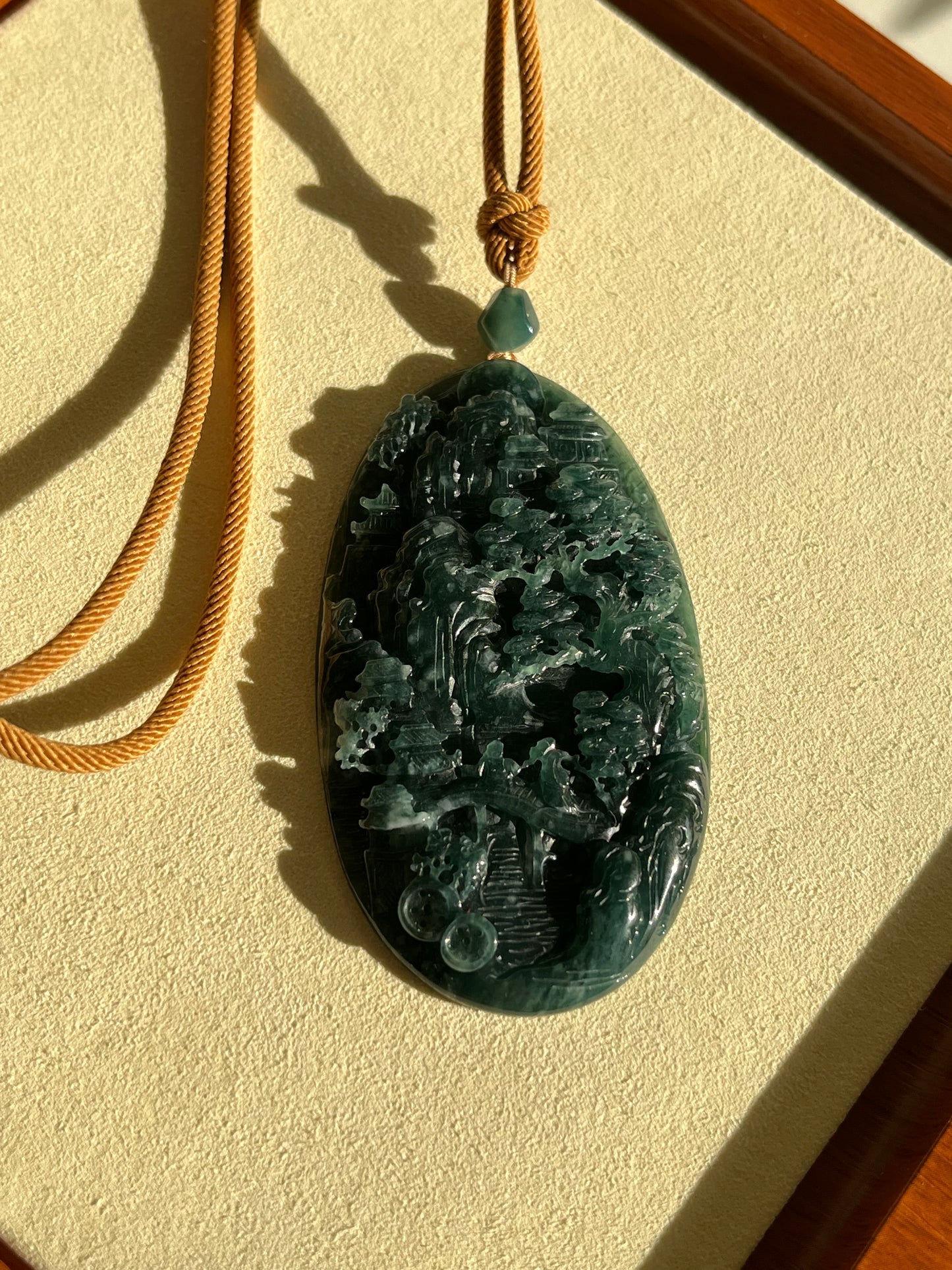 Hand Carved Blue Jadeite Landscape Pendant | 精工蓝水翡翠山水