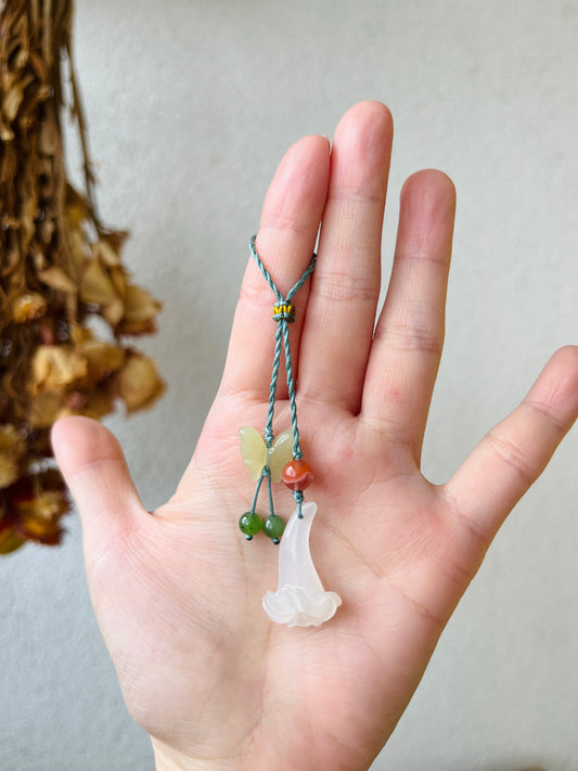 Handmade Phone Charm with a Hand Carved Hetian Jade Trumpet Flower and Butterfly