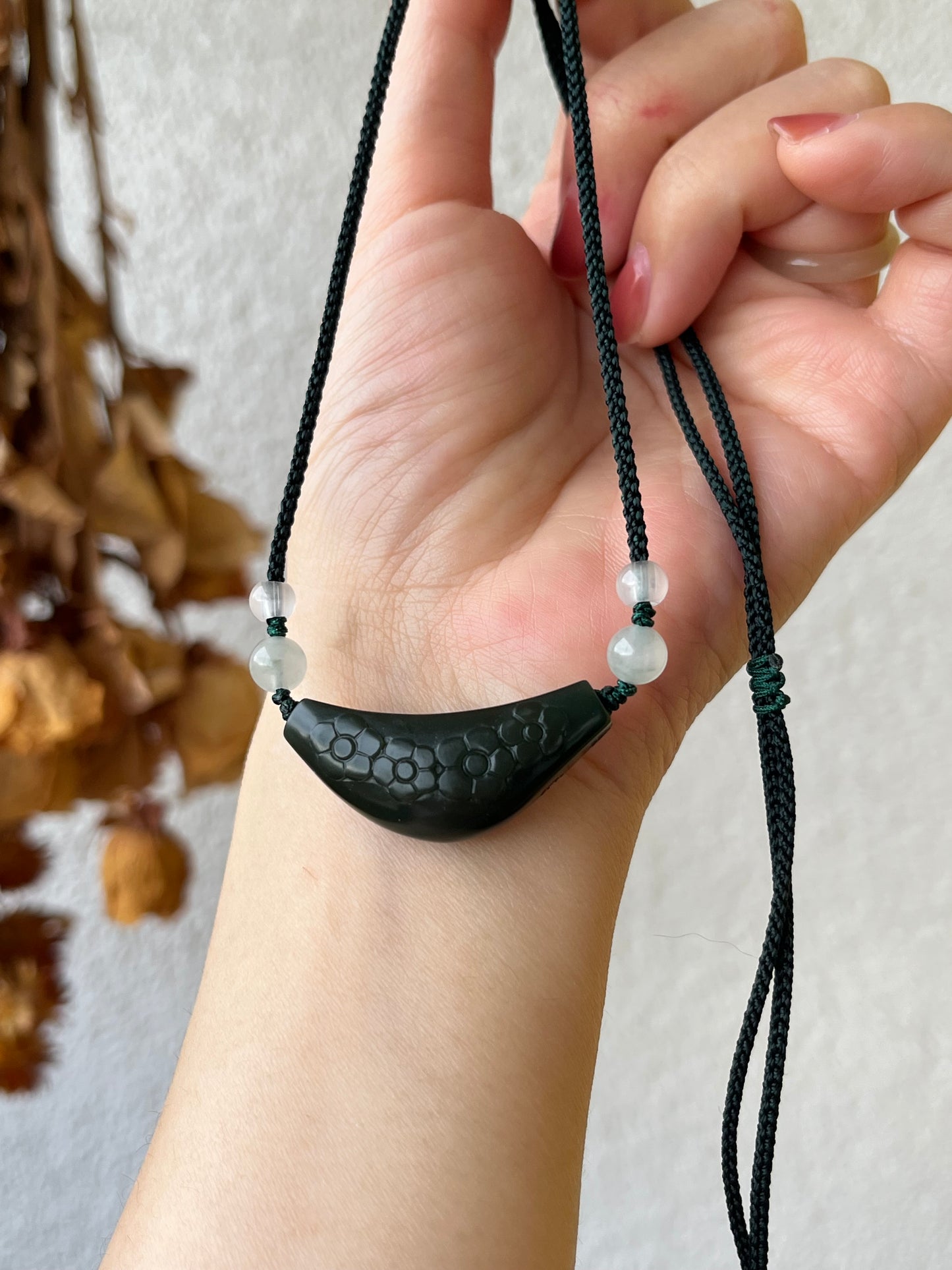 Hand Carved Premium Dark Green (Cyan) Hetian Jade Plum Blossom Set  | 手雕和田青玉一细梅花锁骨，手牌