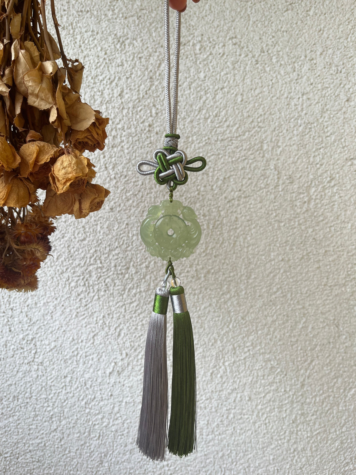 Xiu Jade Dragon and Phoenix Auspicious Pendant Car Hanging