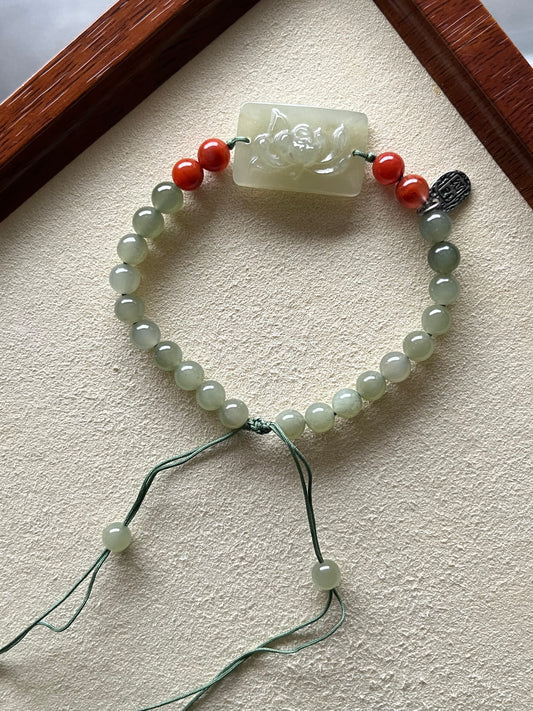 Handmade Hetian Jade Bracelet with a Lotus Pendant