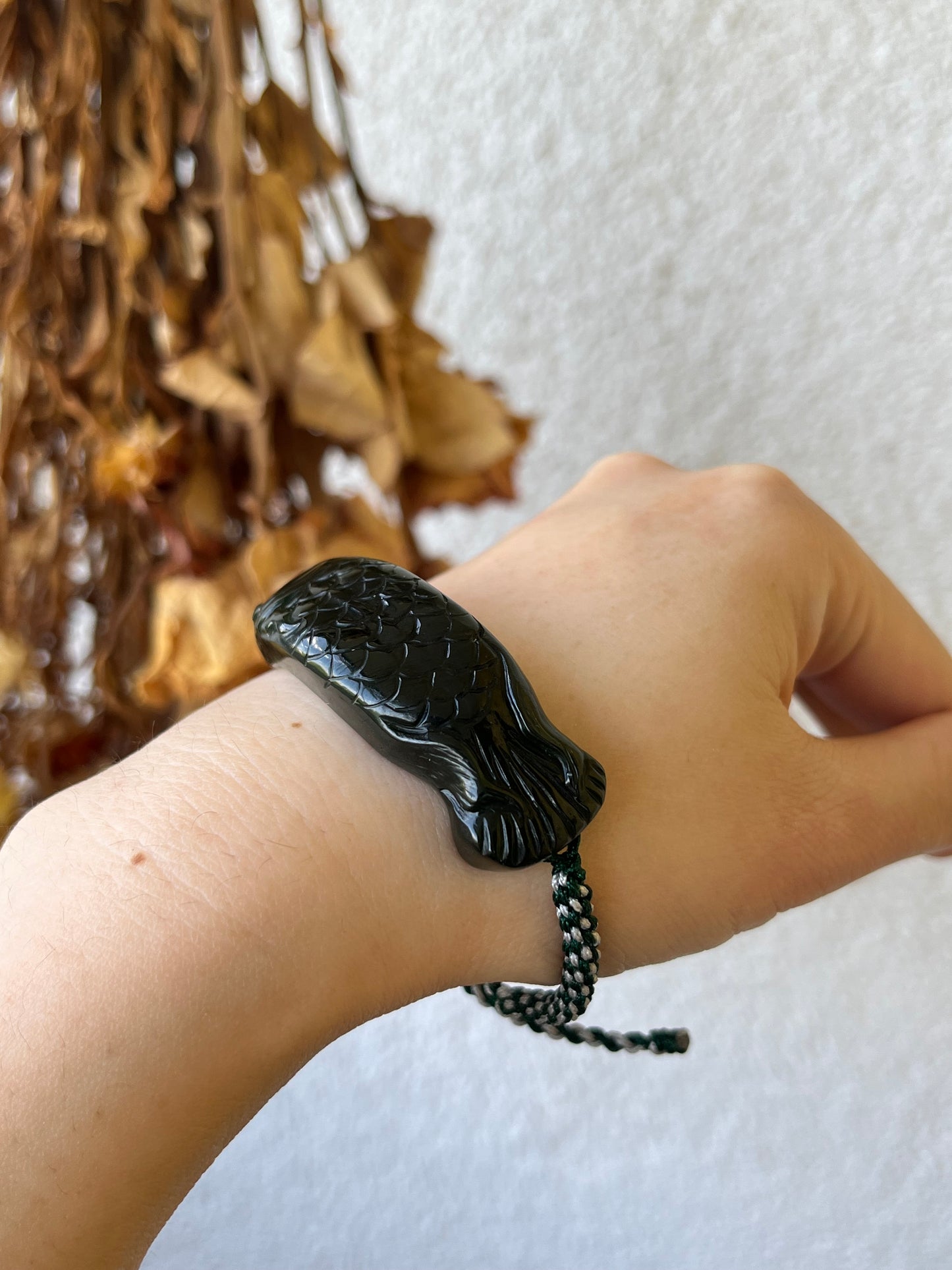 Handmade Bracelet with a Hand Carved Dark Green Hetian Jade Fish Pendant，碧玉红皮老料鱼手牌