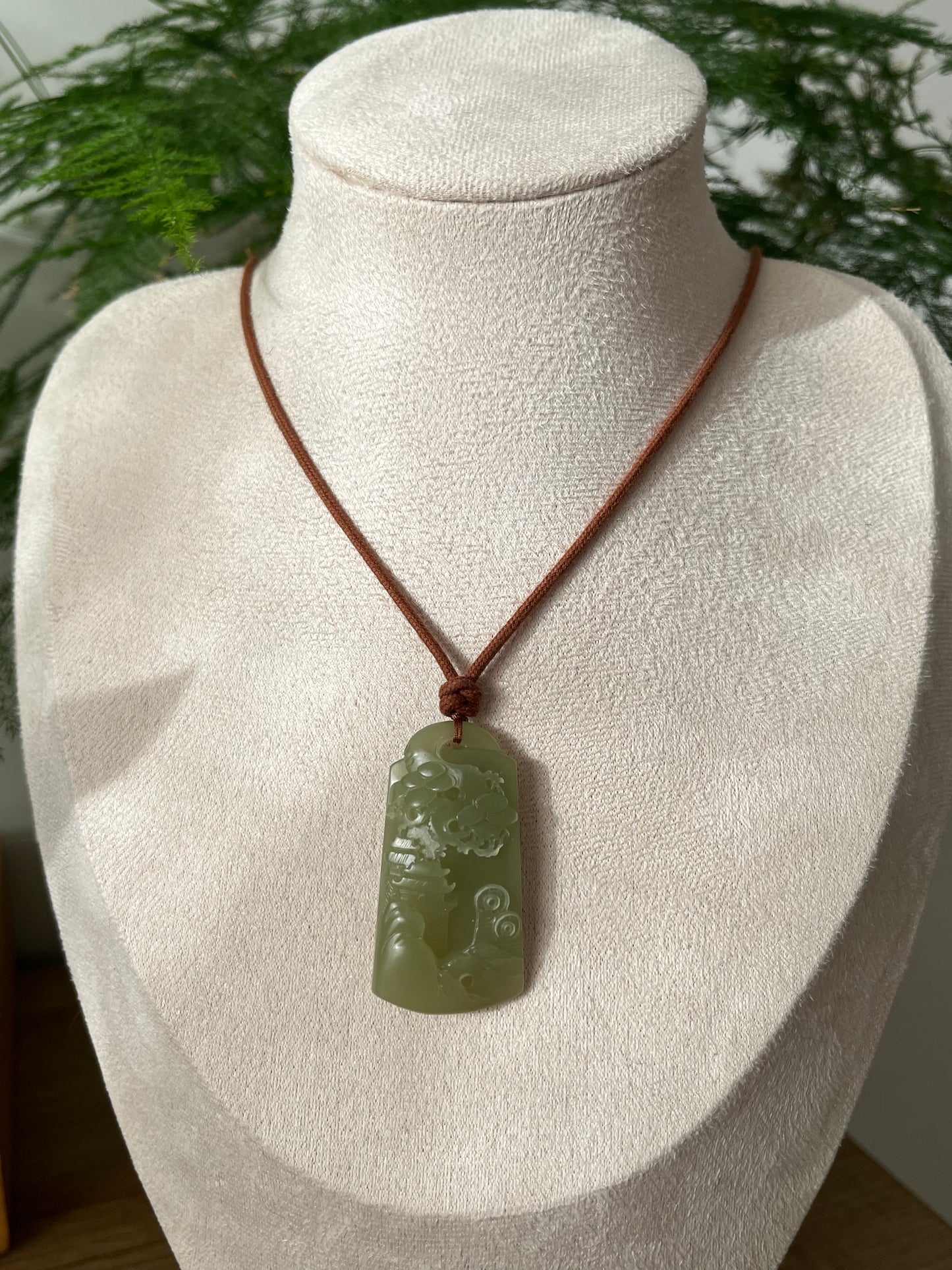 Hand Carved Greenish Yellow Hetian Jade Landscape Pendant, 手雕青黄口山水
