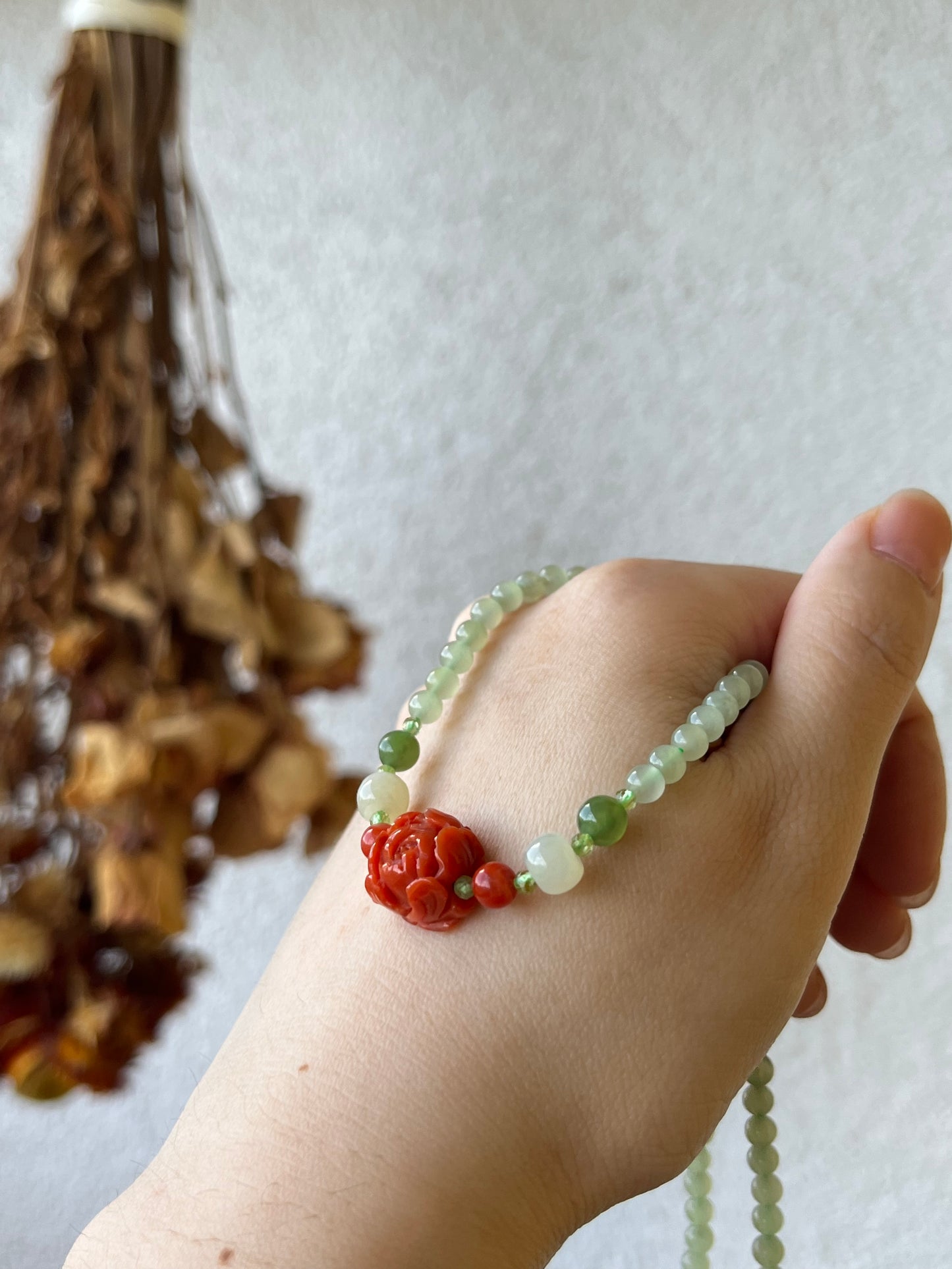 Handmade Necklace with 4mm Nephrite Beads and a Nanhong Agate Peony Flower, 和田冰晴水南红牡丹项链