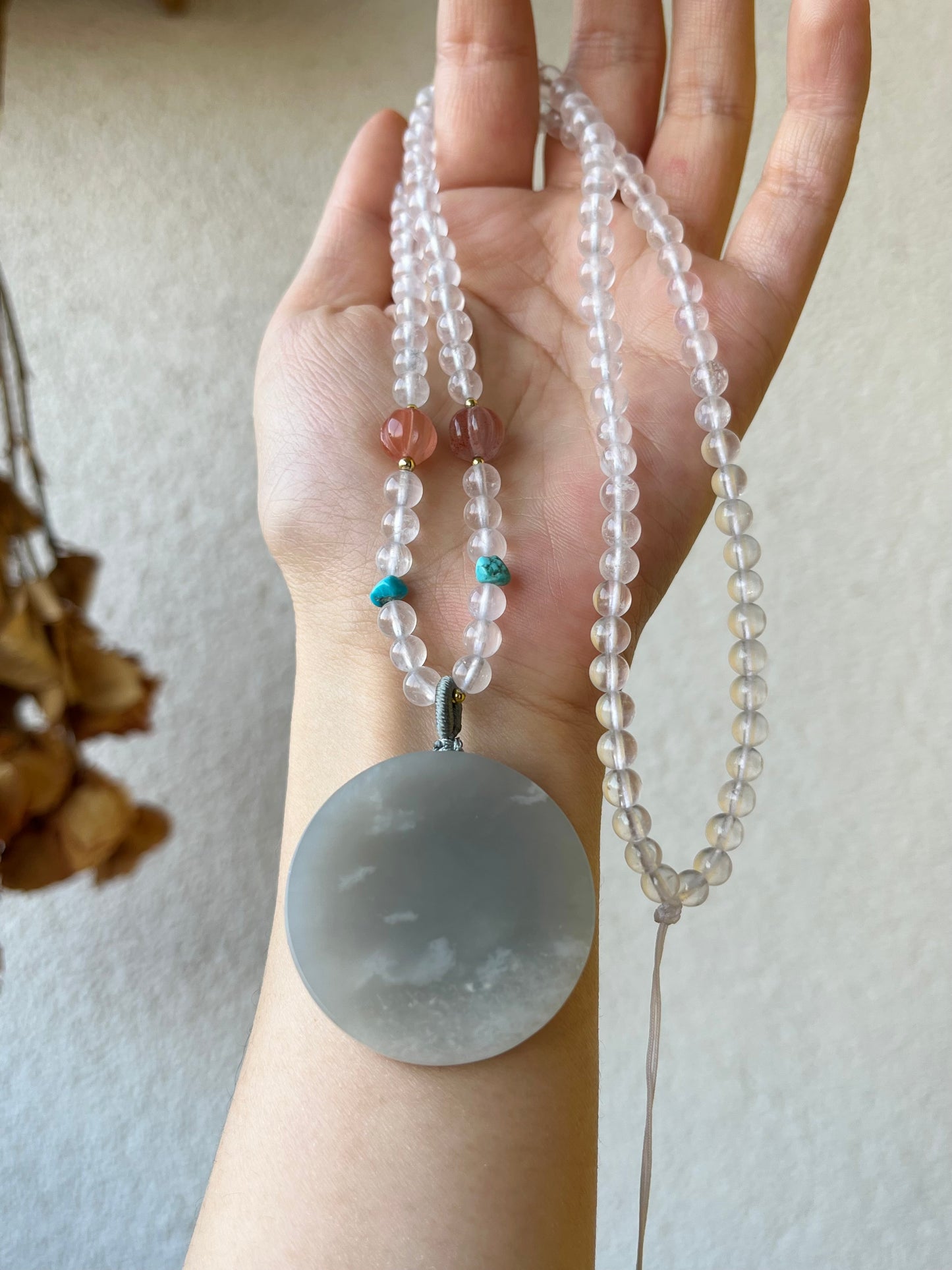 Handmade Necklace with a Purple Hetian Jade Round Shaped Pendant and Moonstone Beaded Cord