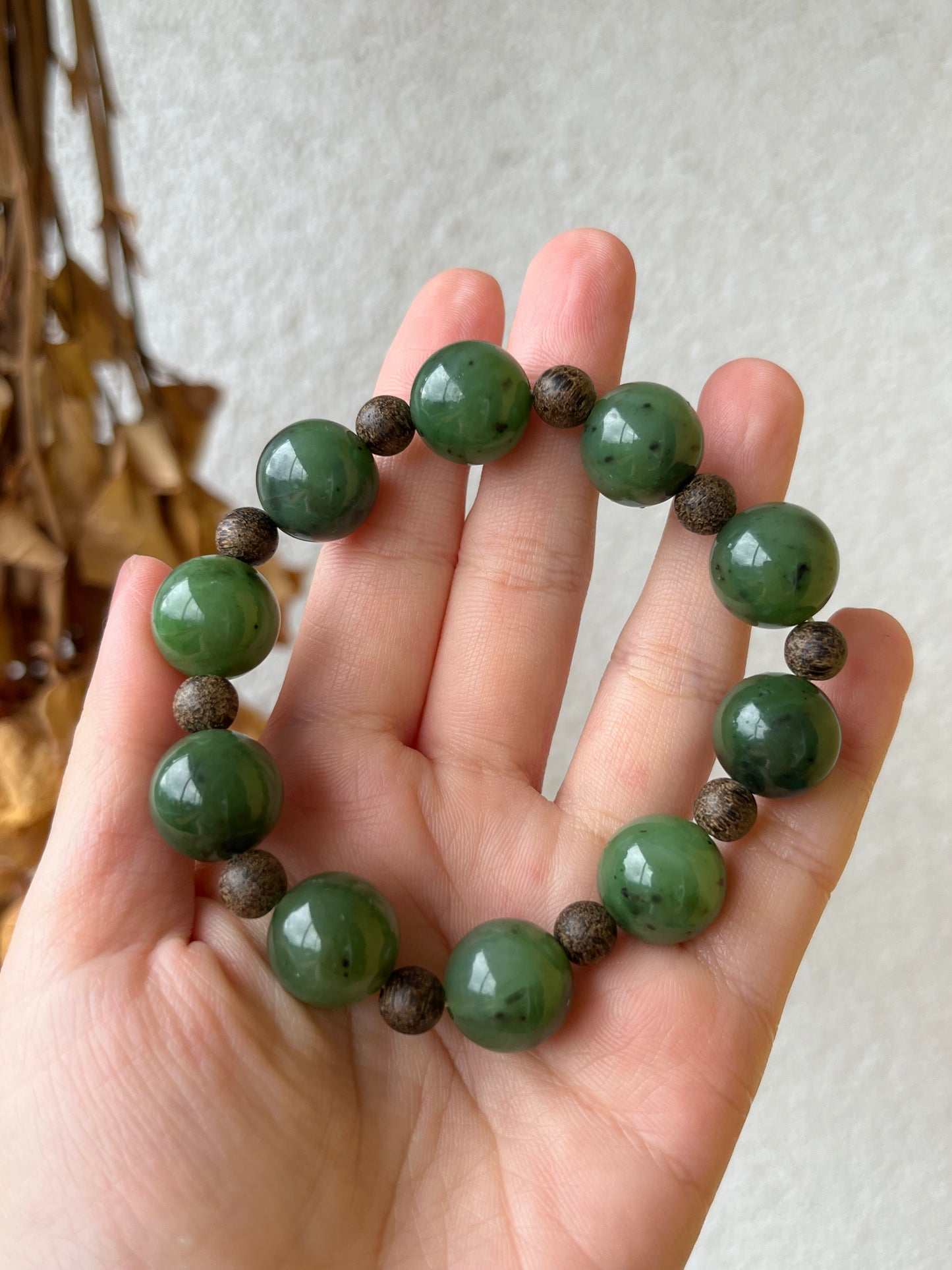 14mm Green Hetian Jade and 8mm Agarwood Beaded Bracelet