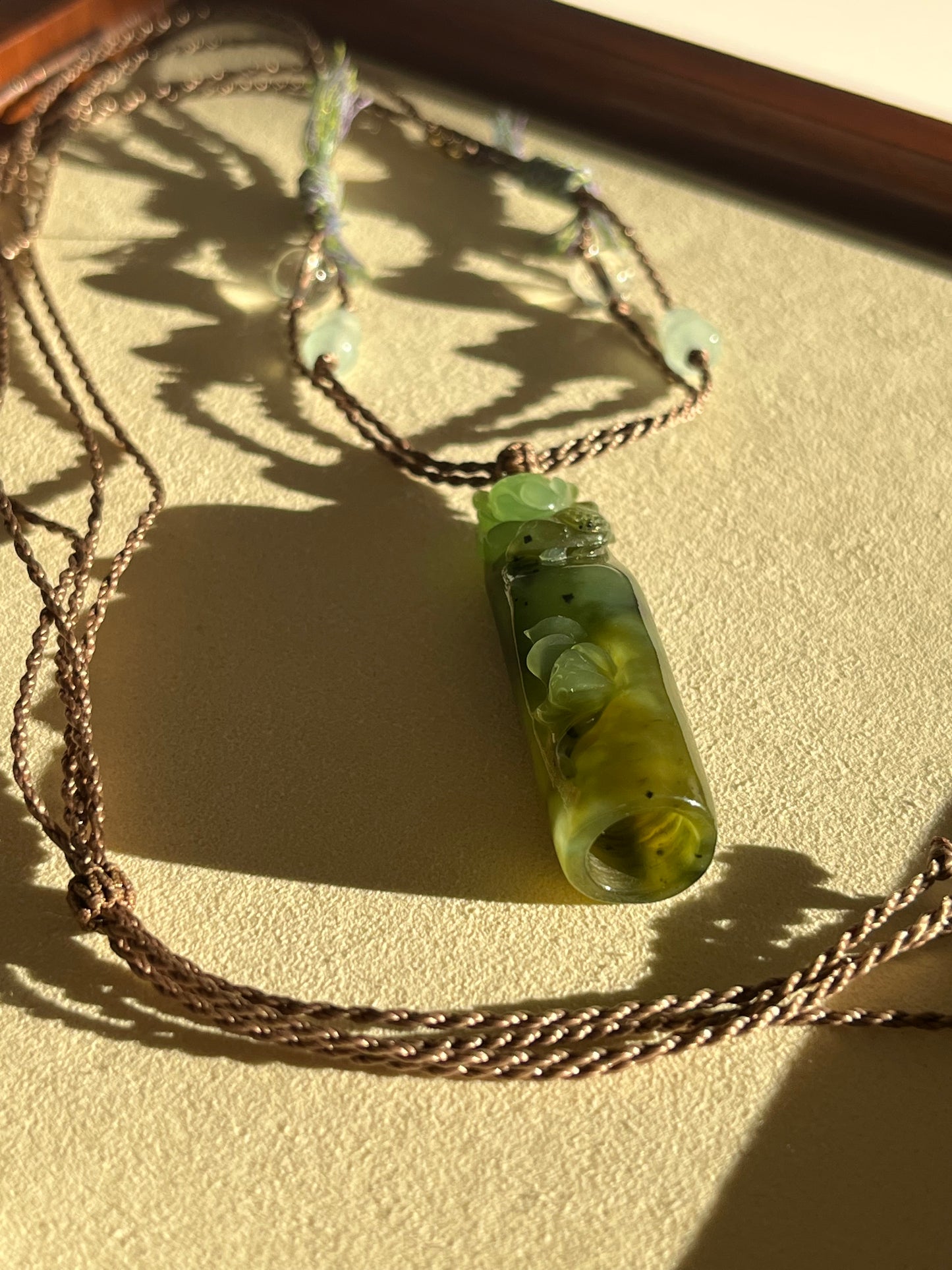 Hand Carved Green Hetian Jade Lotus and Magpie Pendant | 手雕和田碧玉喜鹊荷花吊坠