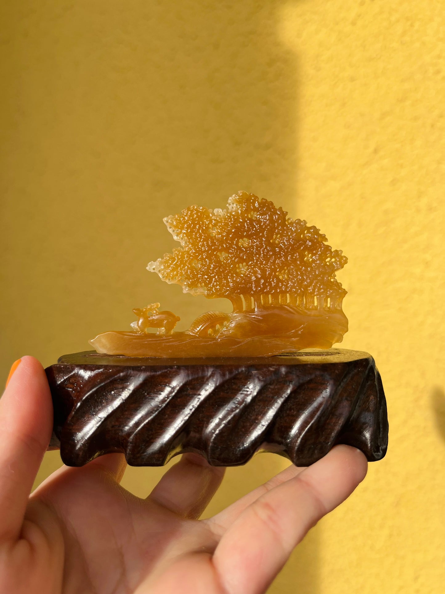 Hand Carved Brown Hetian jADE Deers and Tree Ornament, 手雕和田糖玉小鹿（一路有你）摆件