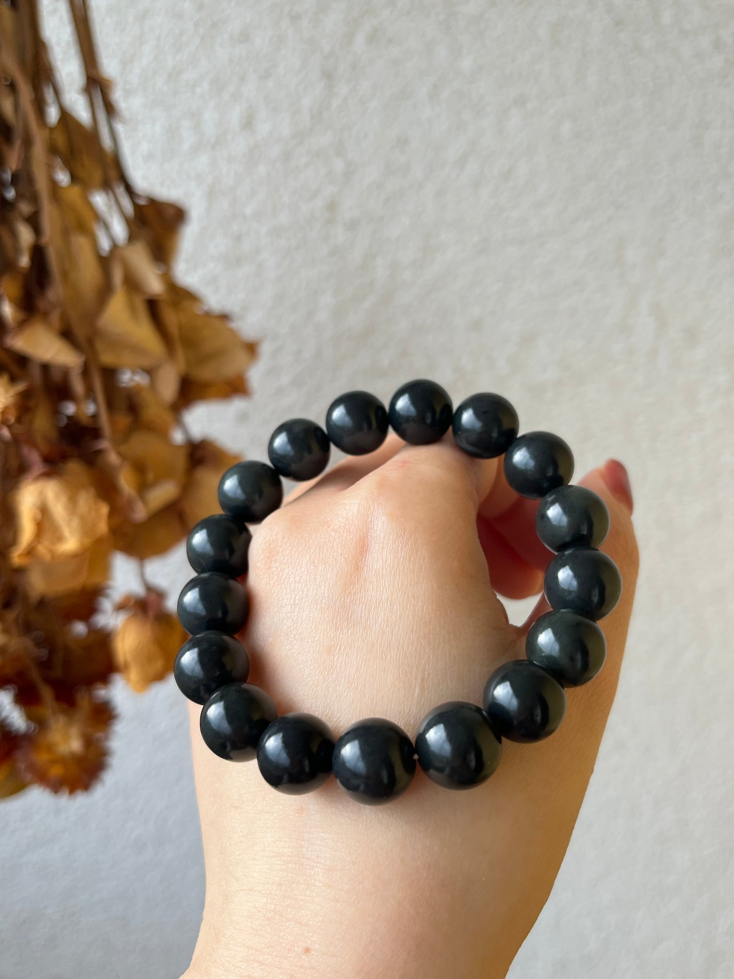 Dark Gray Qinghua Hetian Jade Beaded Bracelets 12mm, 8mm | 和田聚墨青花手串