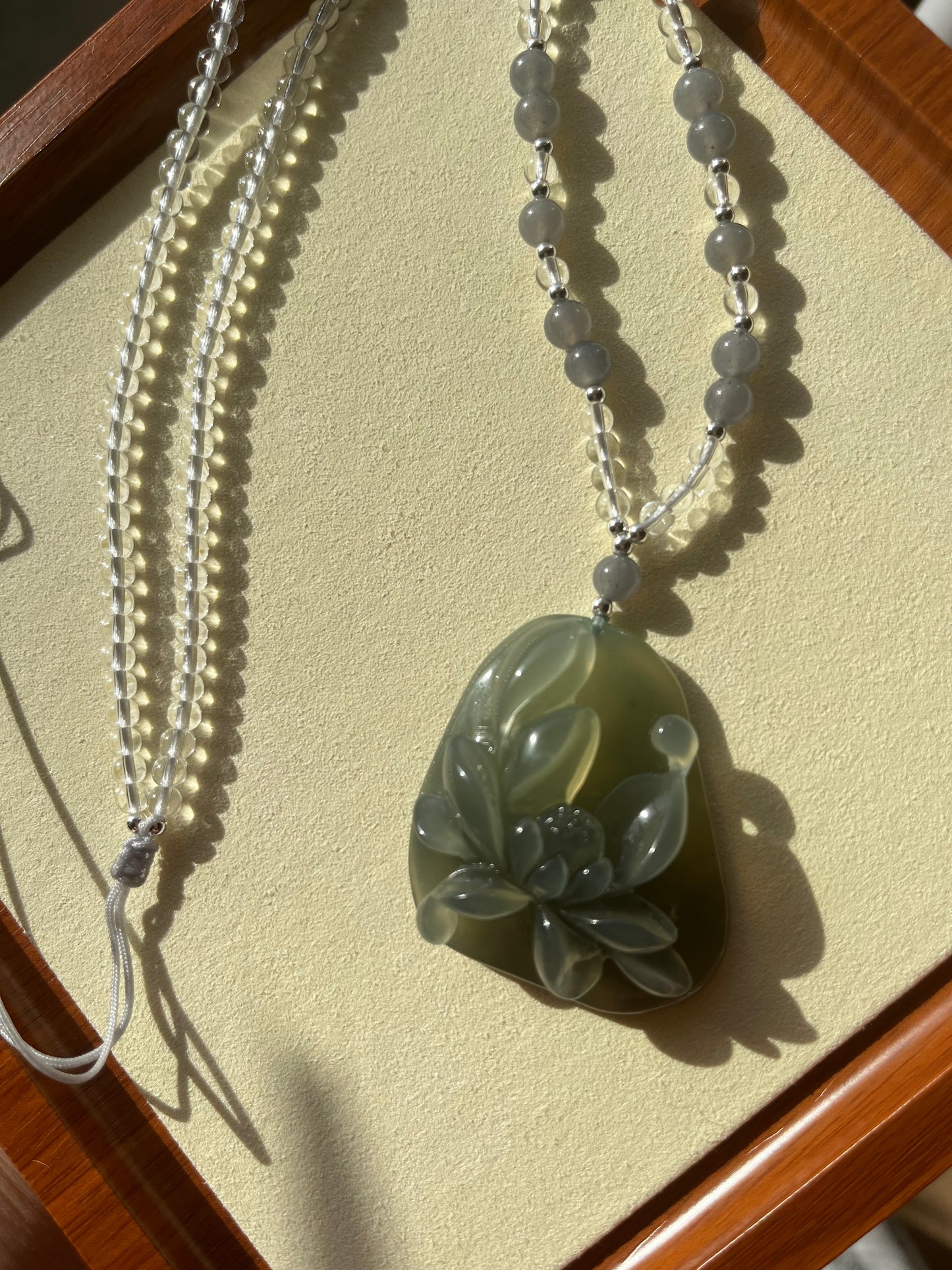 Hand Carved Icy Gray Xiu Jade Lotus Necklace