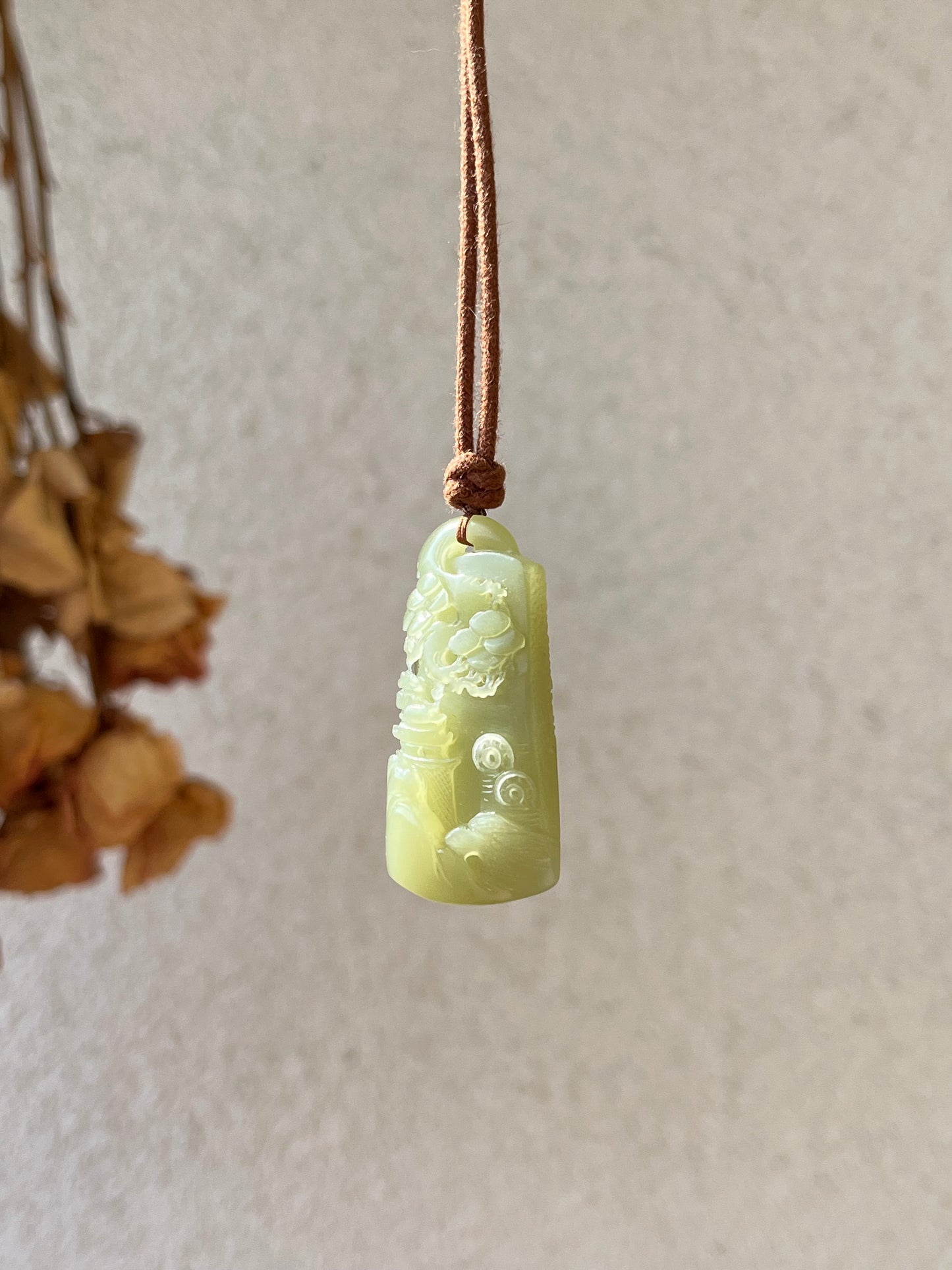 Hand Carved Greenish Yellow Hetian Jade Landscape Pendant, 手雕青黄口山水