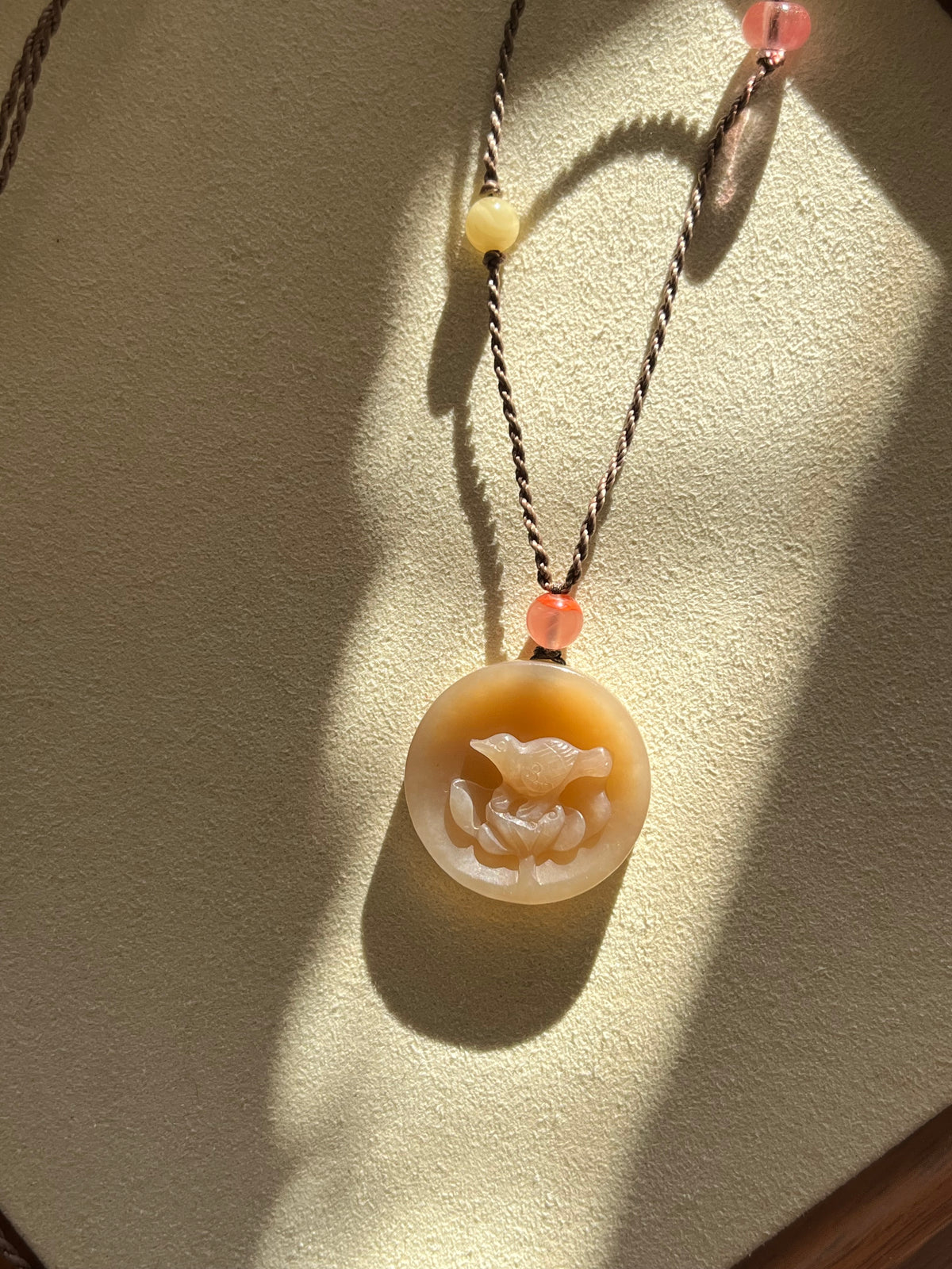 Hand Carved Brown Hetian Jade Lotus and Magpie Pendant