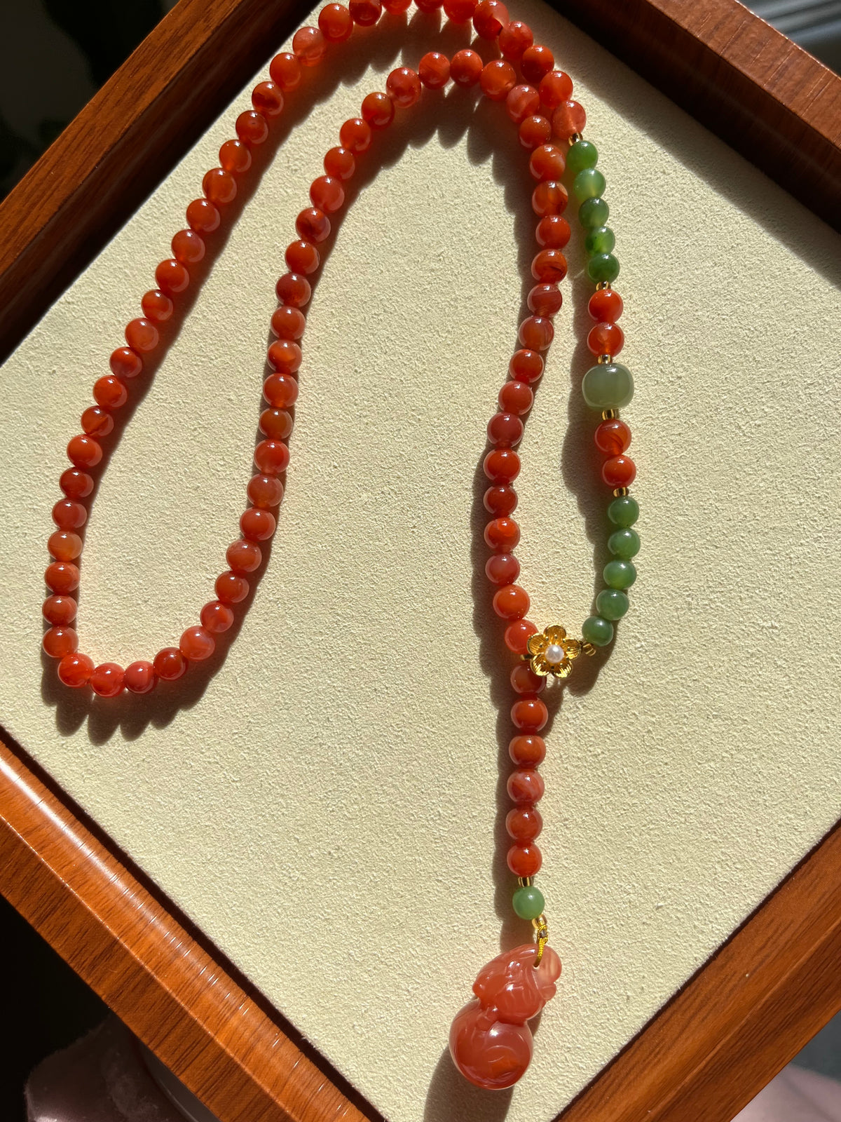 6mm Nanhong Agate and Green Hetian Jade Beaded Necklace