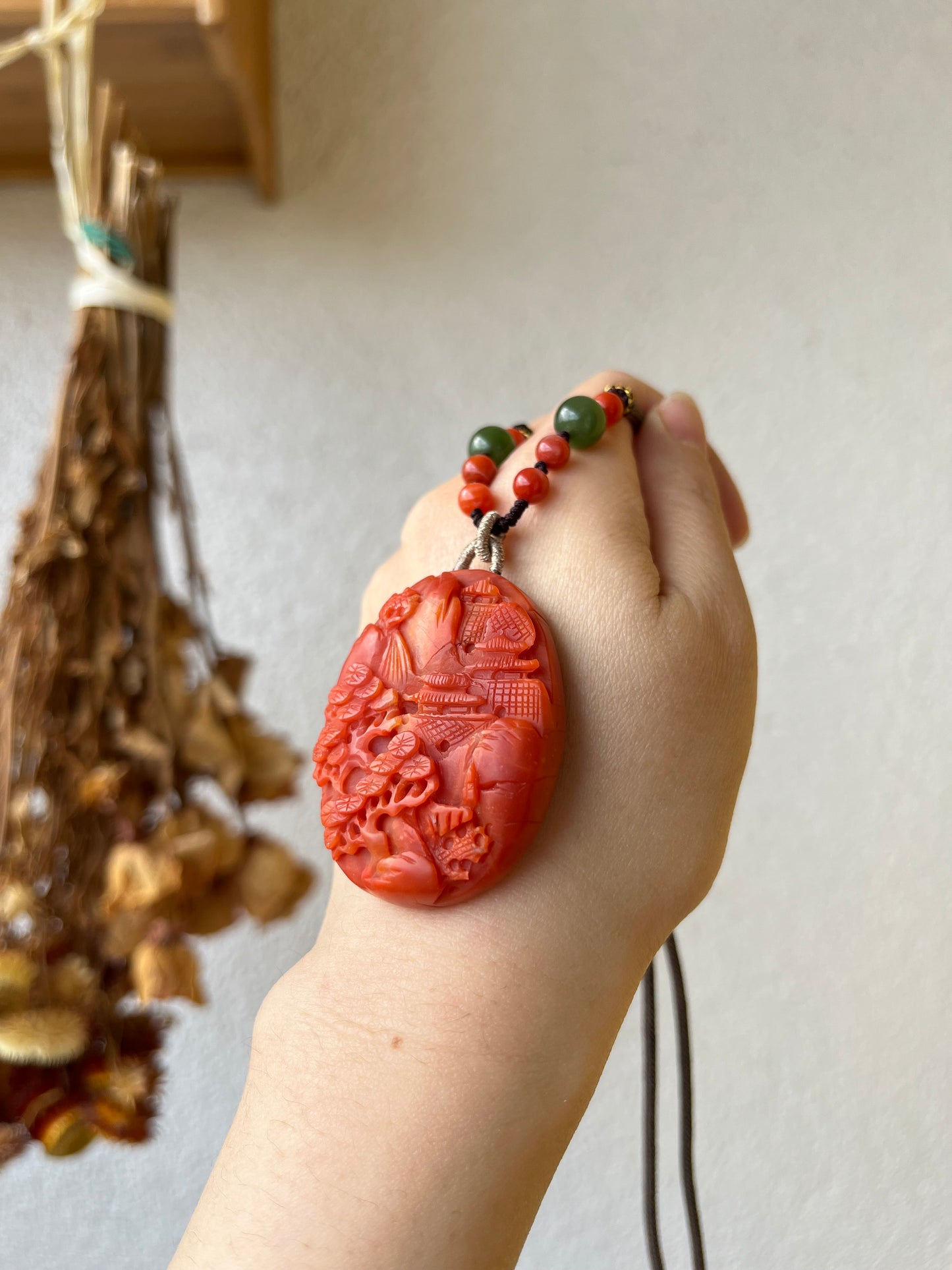 Handmade Necklace with a Hand Carved Nanhong Agate Landscape Pendant, 手雕南红山水