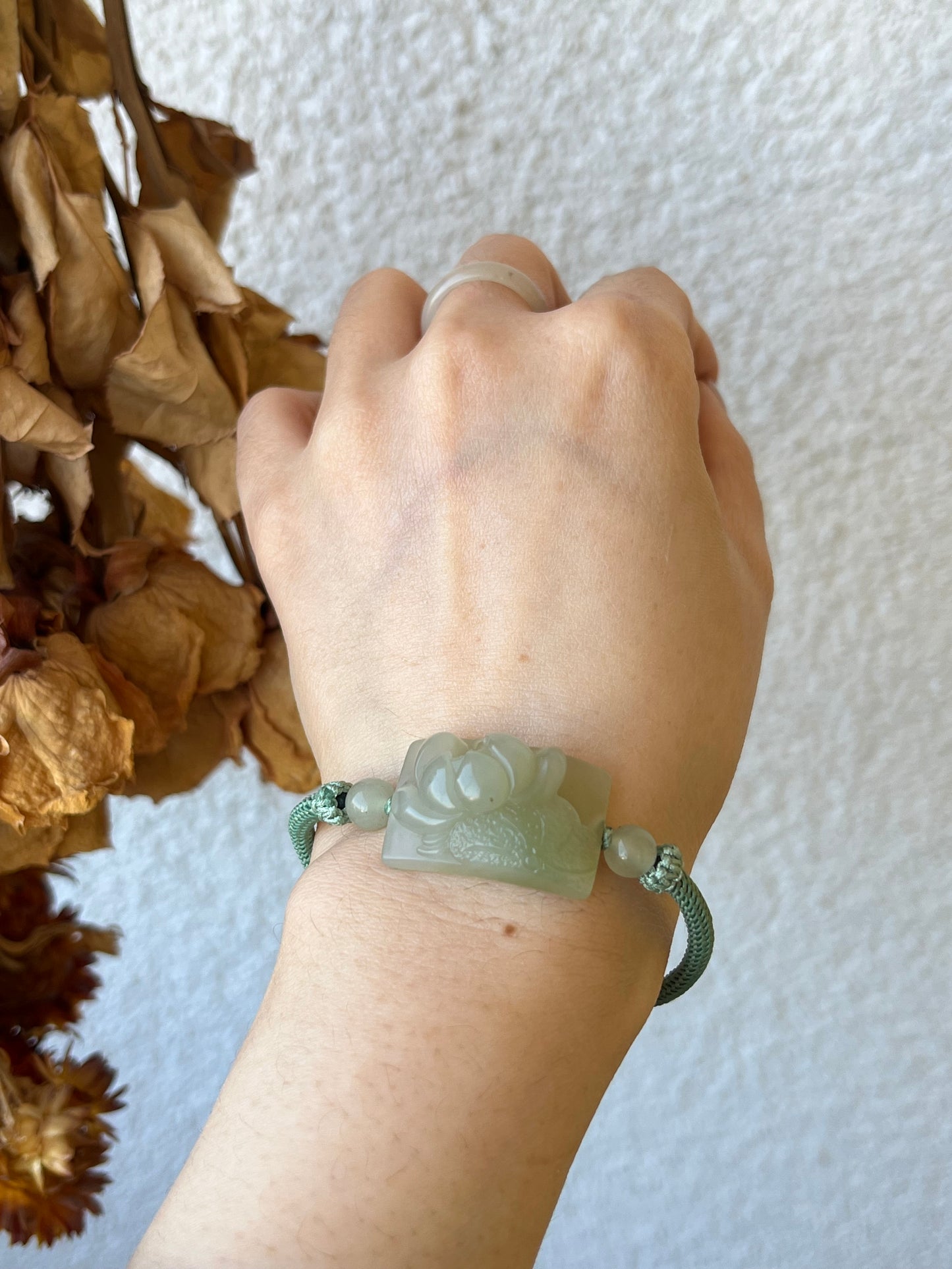 Bracelet Crafted from a Hand Carved Hetian Jade Lotus  | 和田微带翠荷花牌