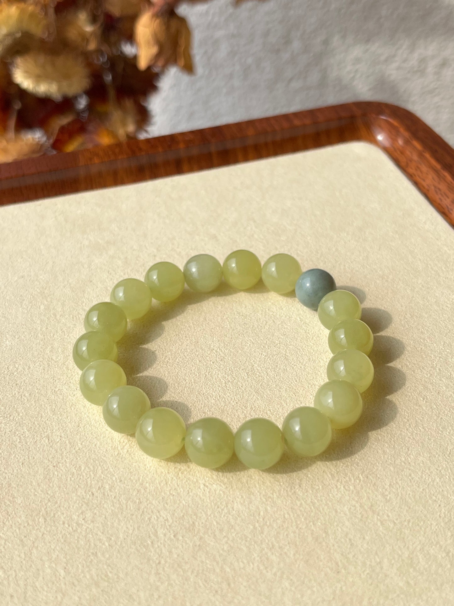 Yellow Hetian Jade Bracelet 10mm | 和田黄口带蓝皮珠手串