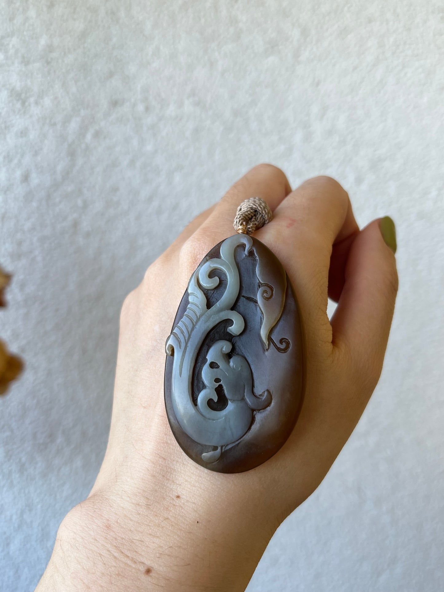 Hand Carved Brown and White Hetian Jade Chi Dragon Pendant | 和田糖白俏色巧雕螭龙