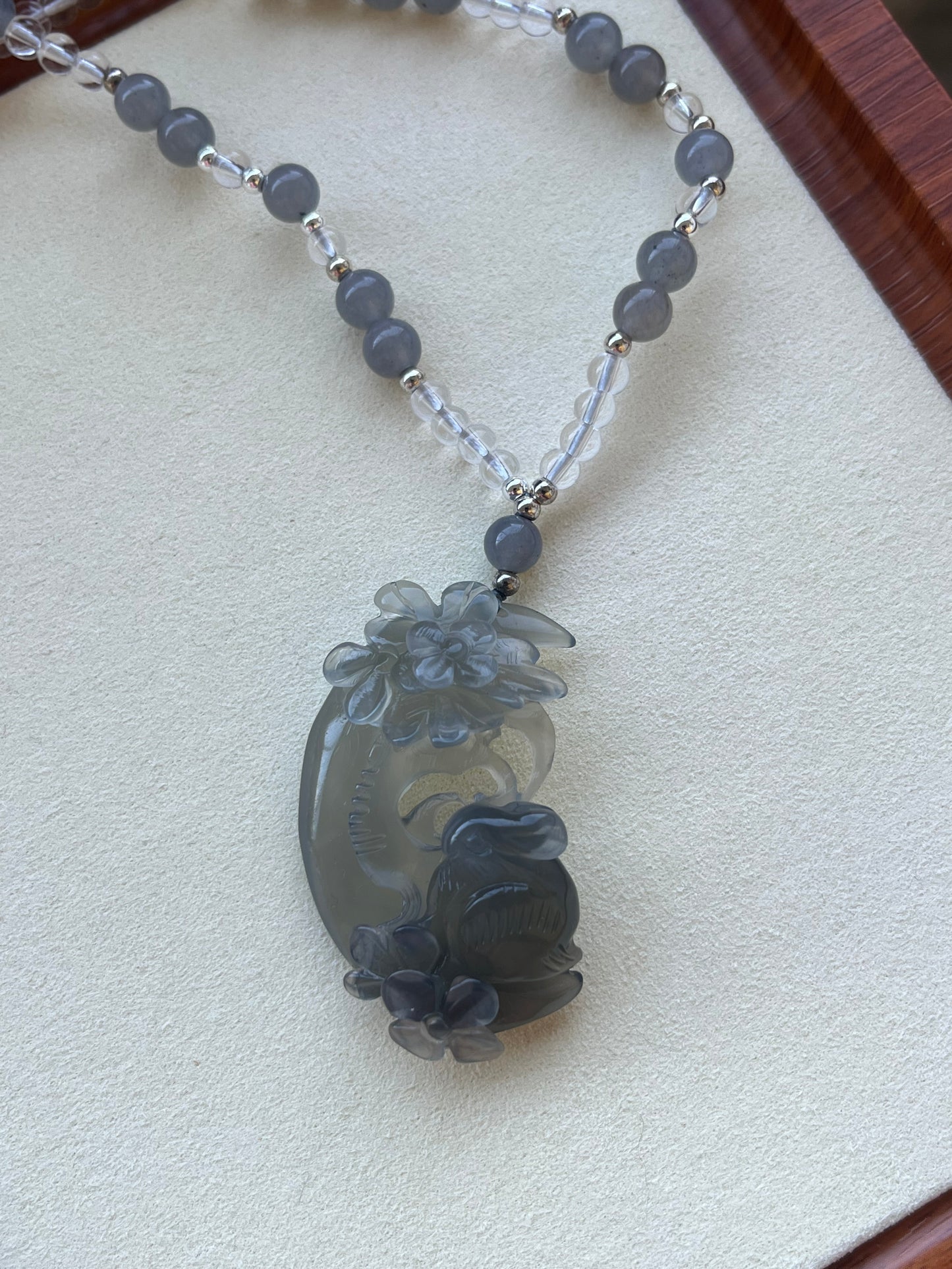 Hand Carved Icy Gray Rabbit on the Moon | 手雕灰冰岫玉月亮兔