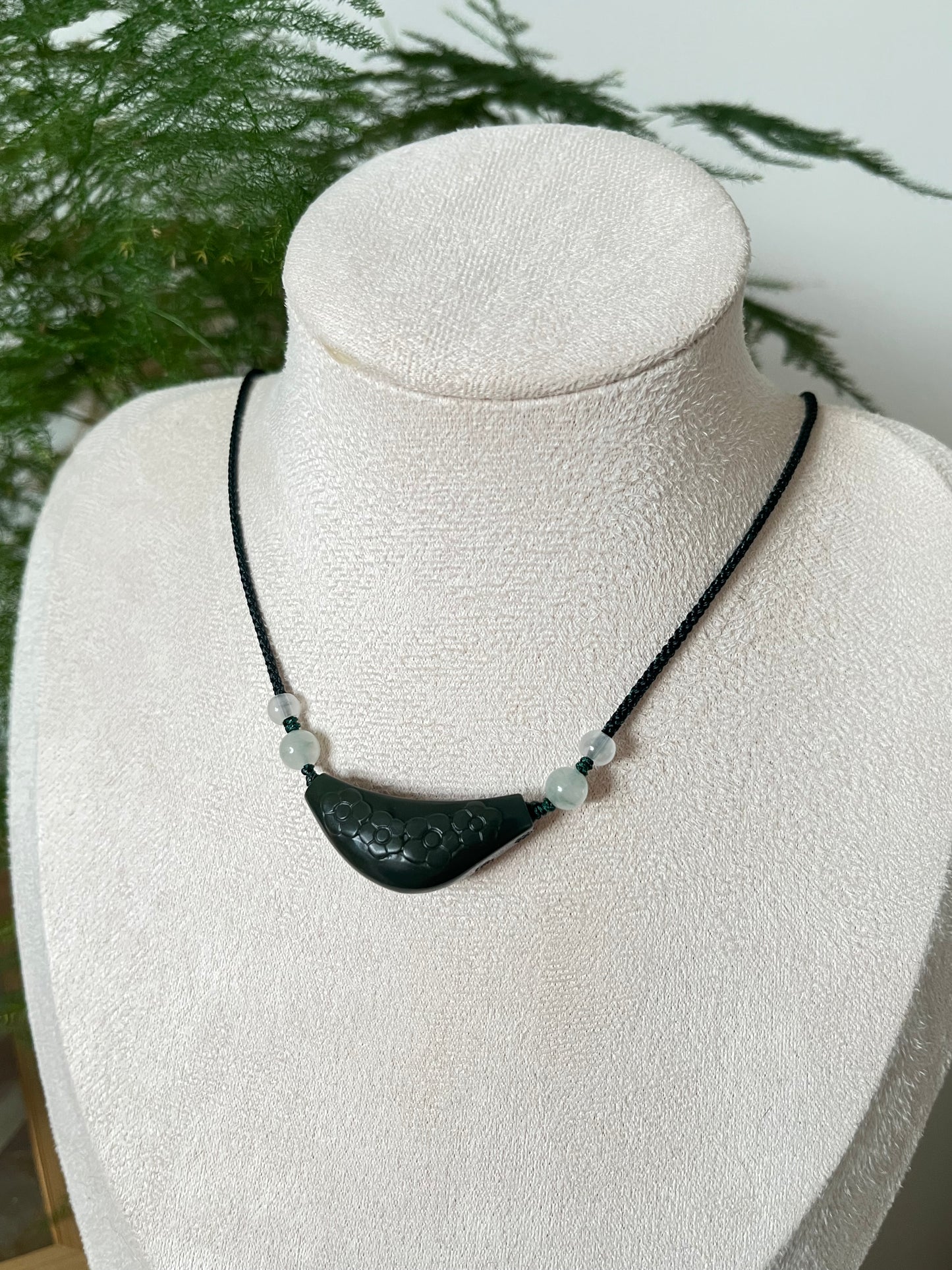 Hand Carved Premium Dark Green (Cyan) Hetian Jade Plum Blossom Set  | 手雕和田青玉一细梅花锁骨，手牌