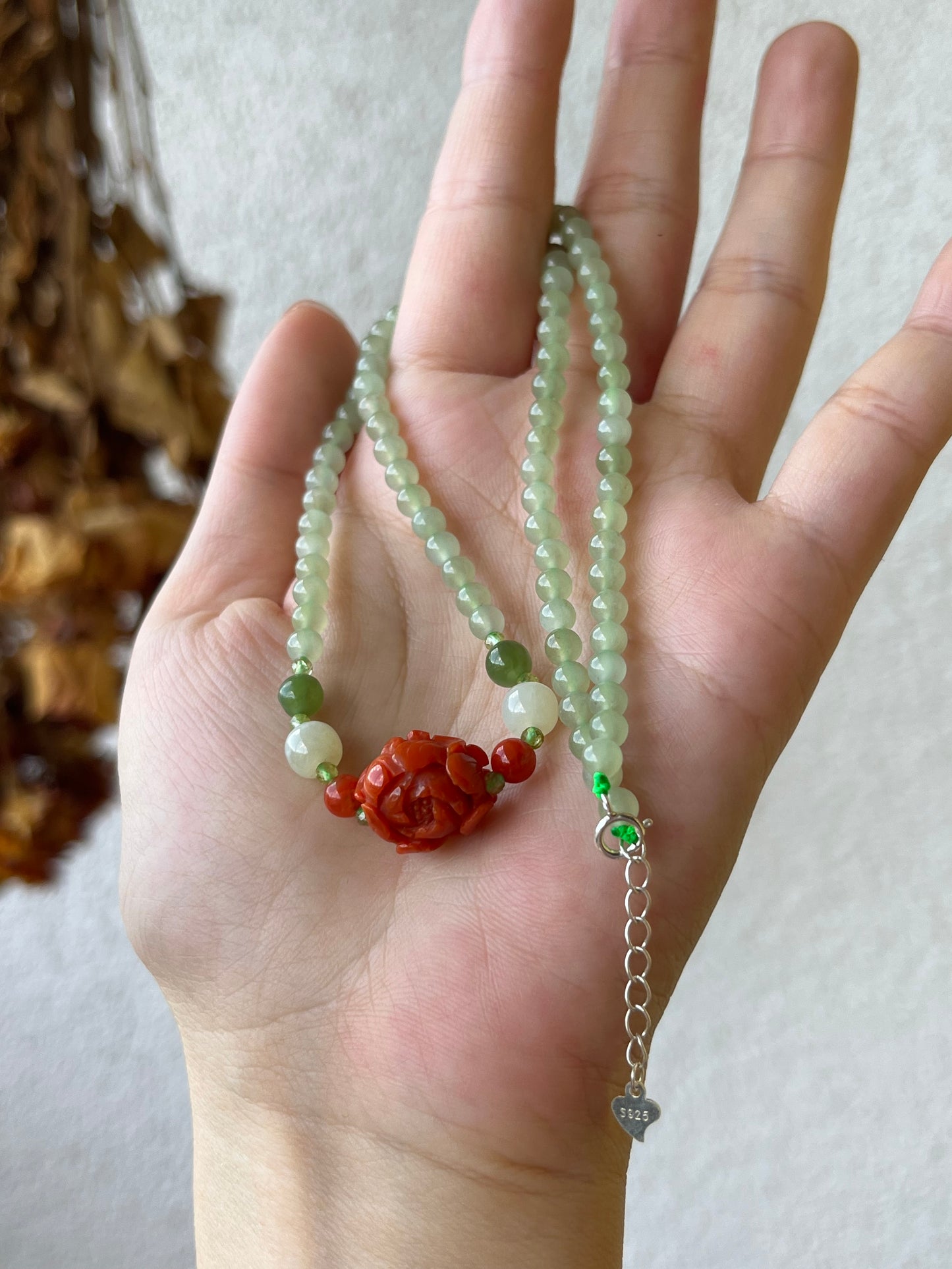 Handmade Necklace with 4mm Nephrite Beads and a Nanhong Agate Peony Flower, 和田冰晴水南红牡丹项链