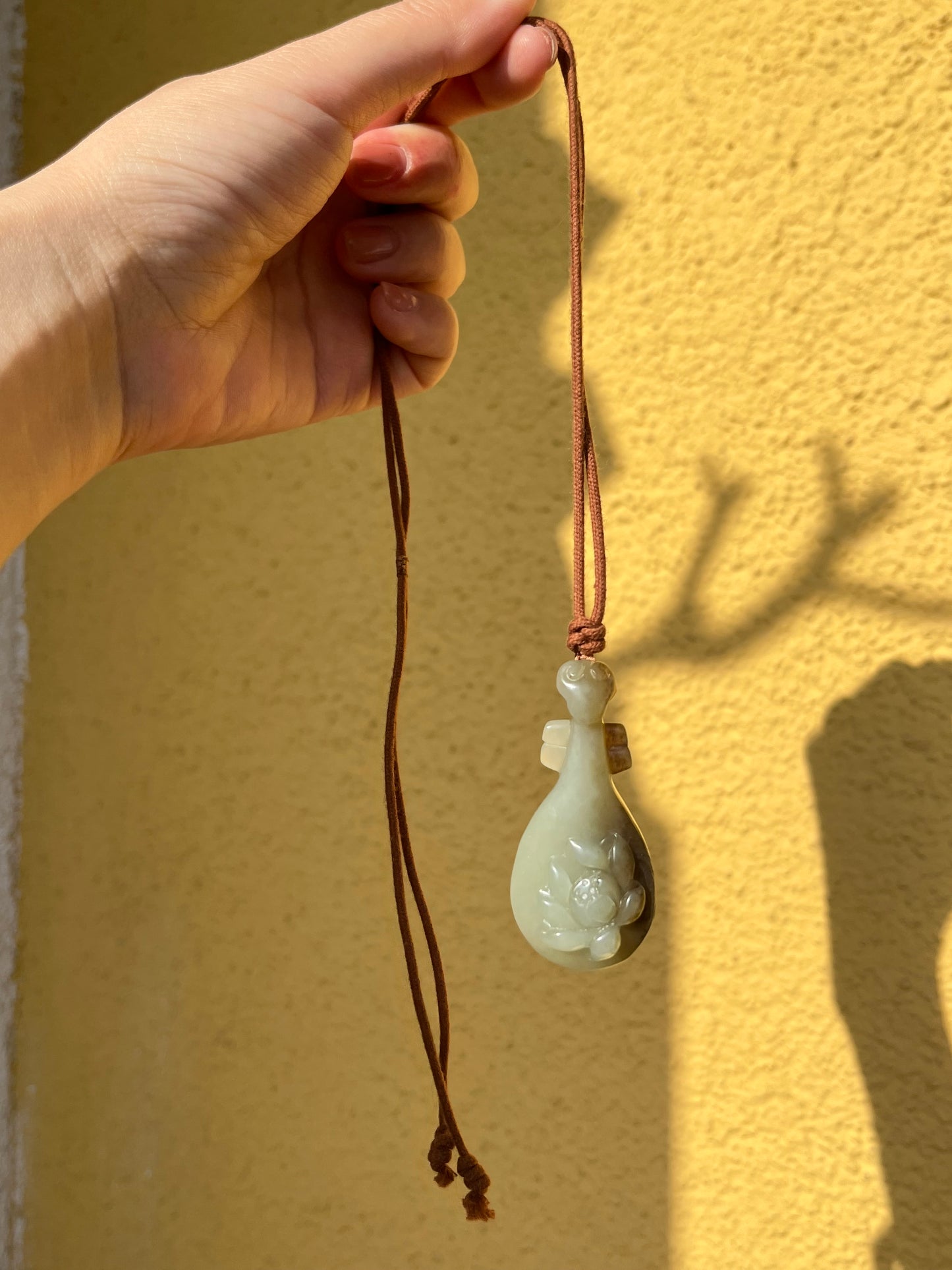 Handmade Necklace with a Hand Carved Blue and Brown Jade Pipa Instrument Pendant