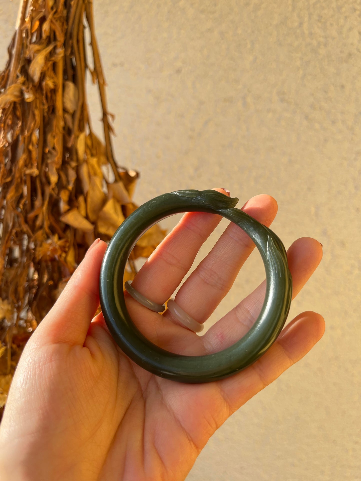 Hand Carved Dark Green Hetian Jade Nine-tailed Fox Bangle 56mm | 手雕和田青玉九尾手镯