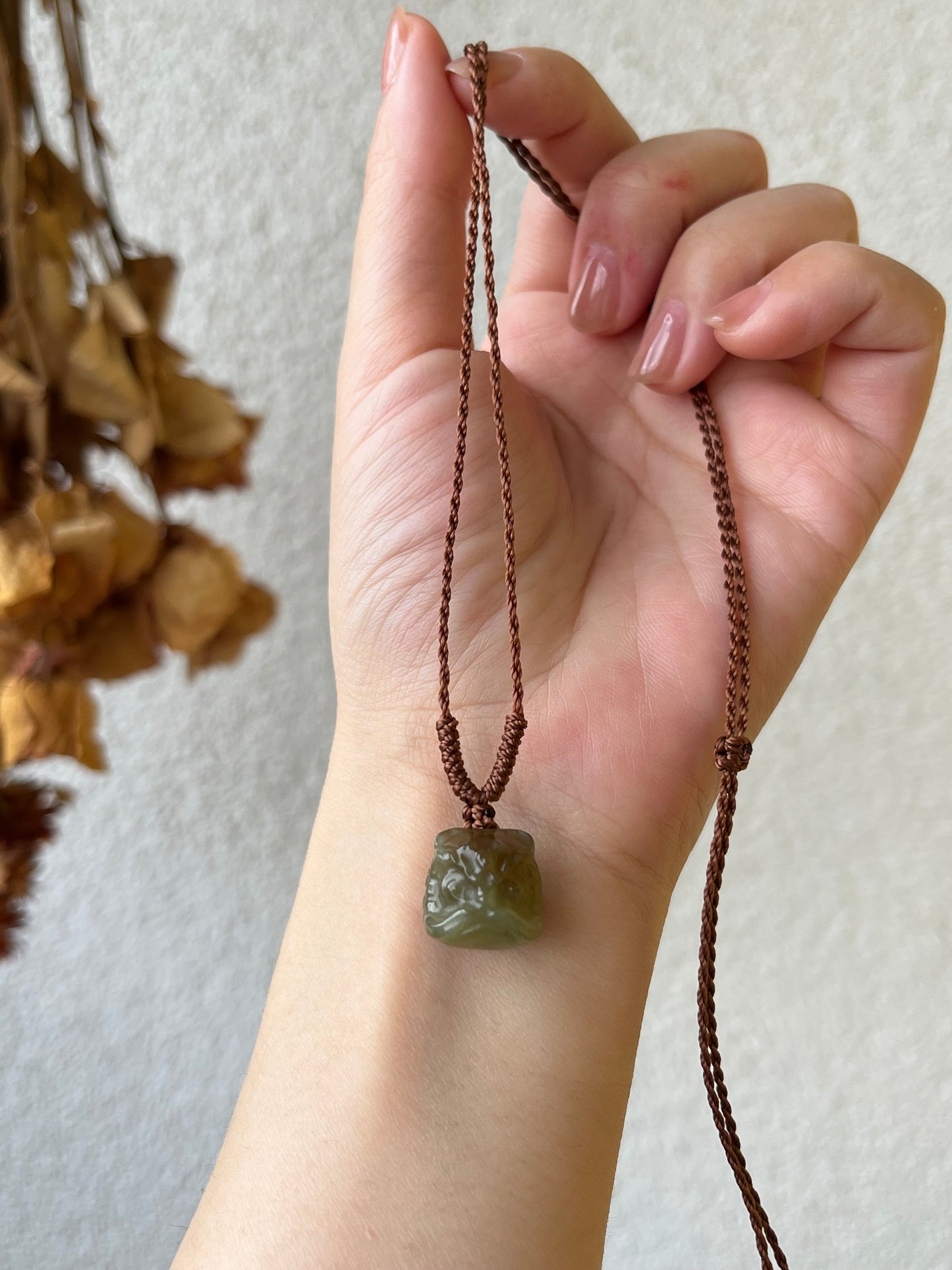 Cute Blue and Brown Hetian Jade Lion Dance Head Necklace