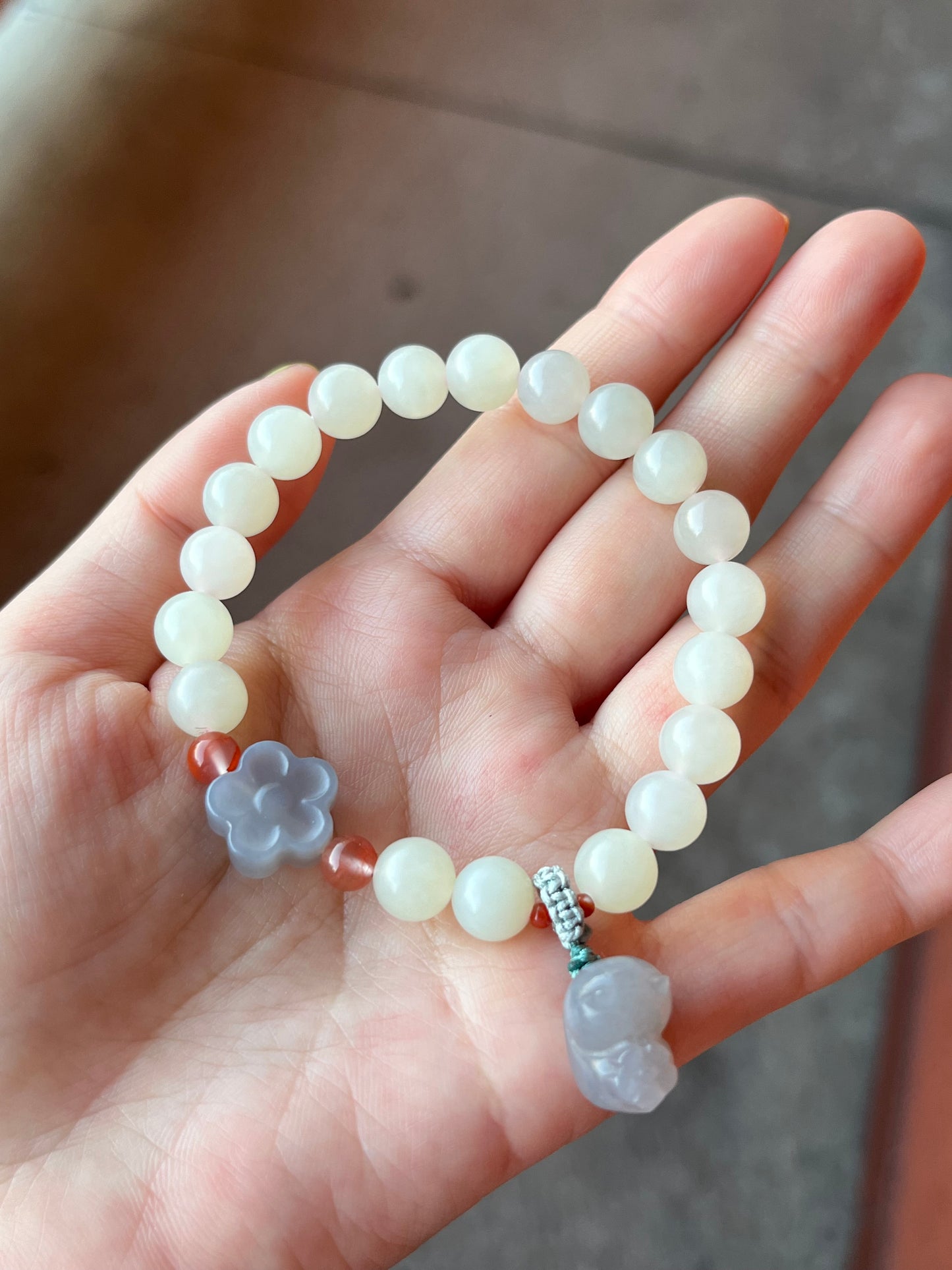 White Hetian Jade Bracelet with 8mm Bead and a Hand Carved Purple Jade Cat