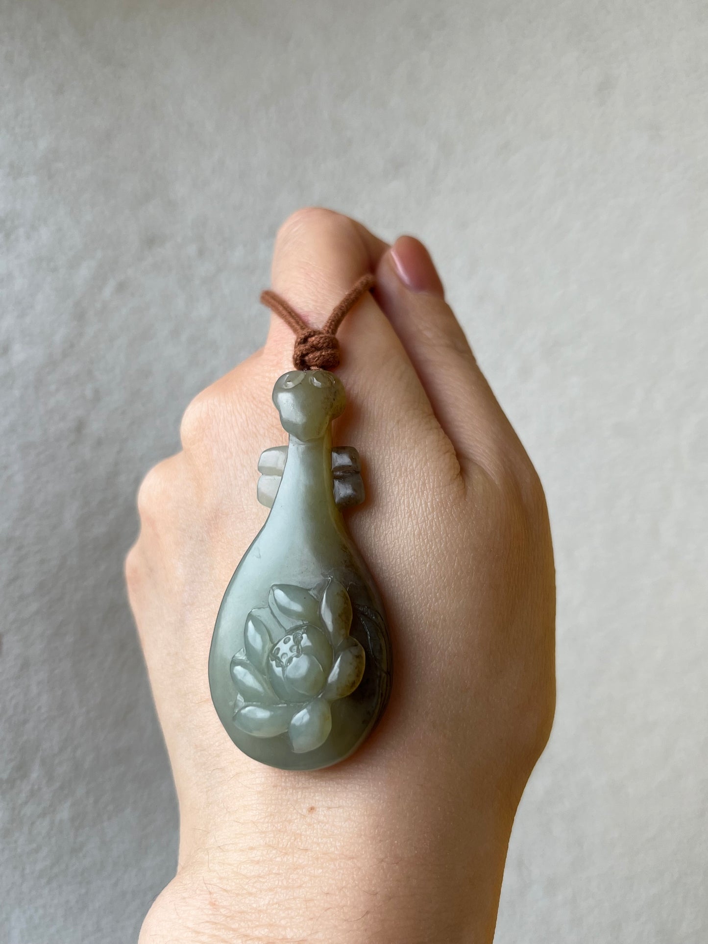 Handmade Necklace with a Hand Carved Blue and Brown Jade Pipa Instrument Pendant