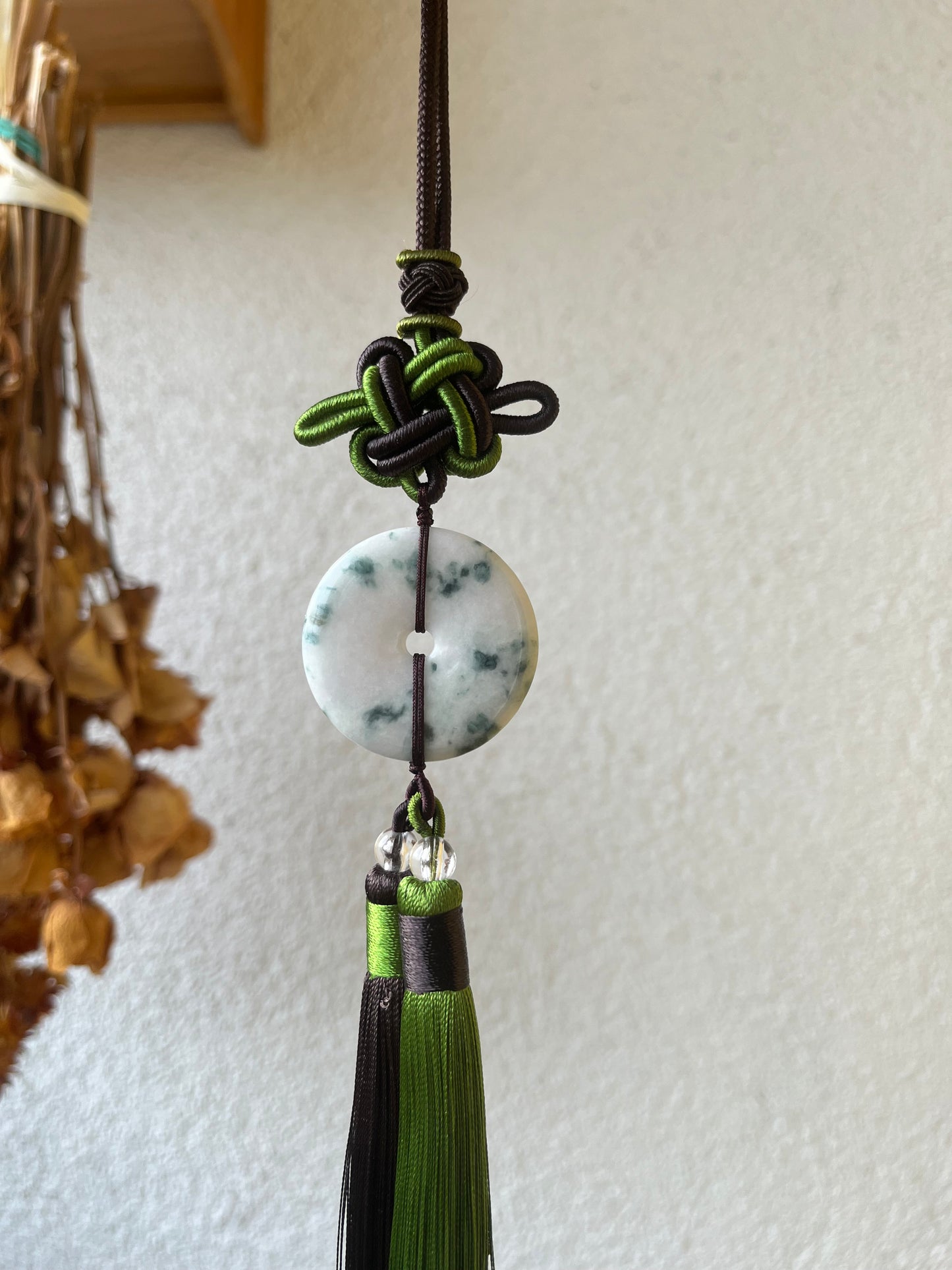 Handmade Jadeite Safty Clasp Pendant (Ping An Kou) Car Hanging | 翡翠飘花平安扣车挂