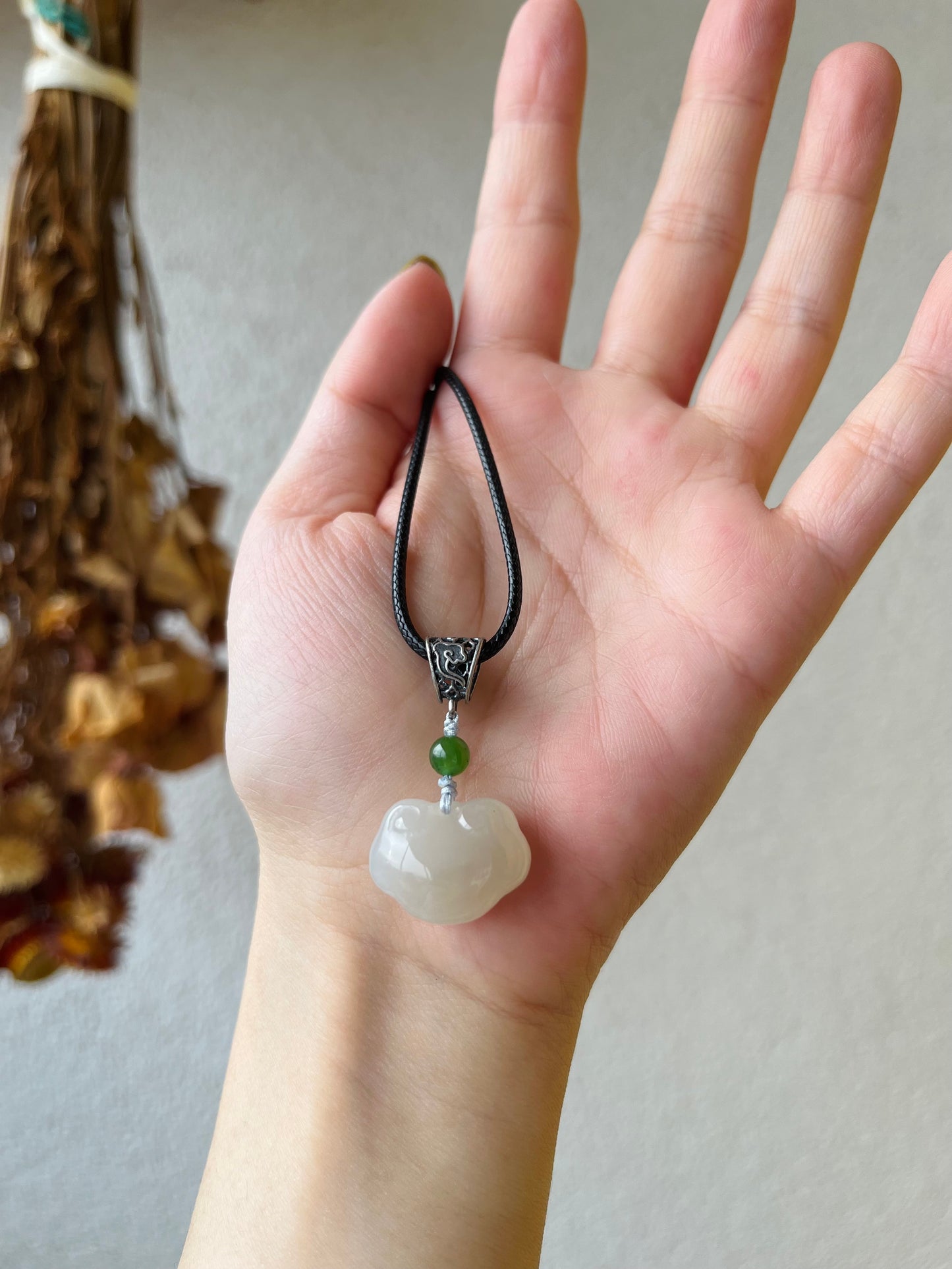 Handmade Necklace with a Light Dirty Pink Hetian Jade Ruyi (As you wish) Pendant