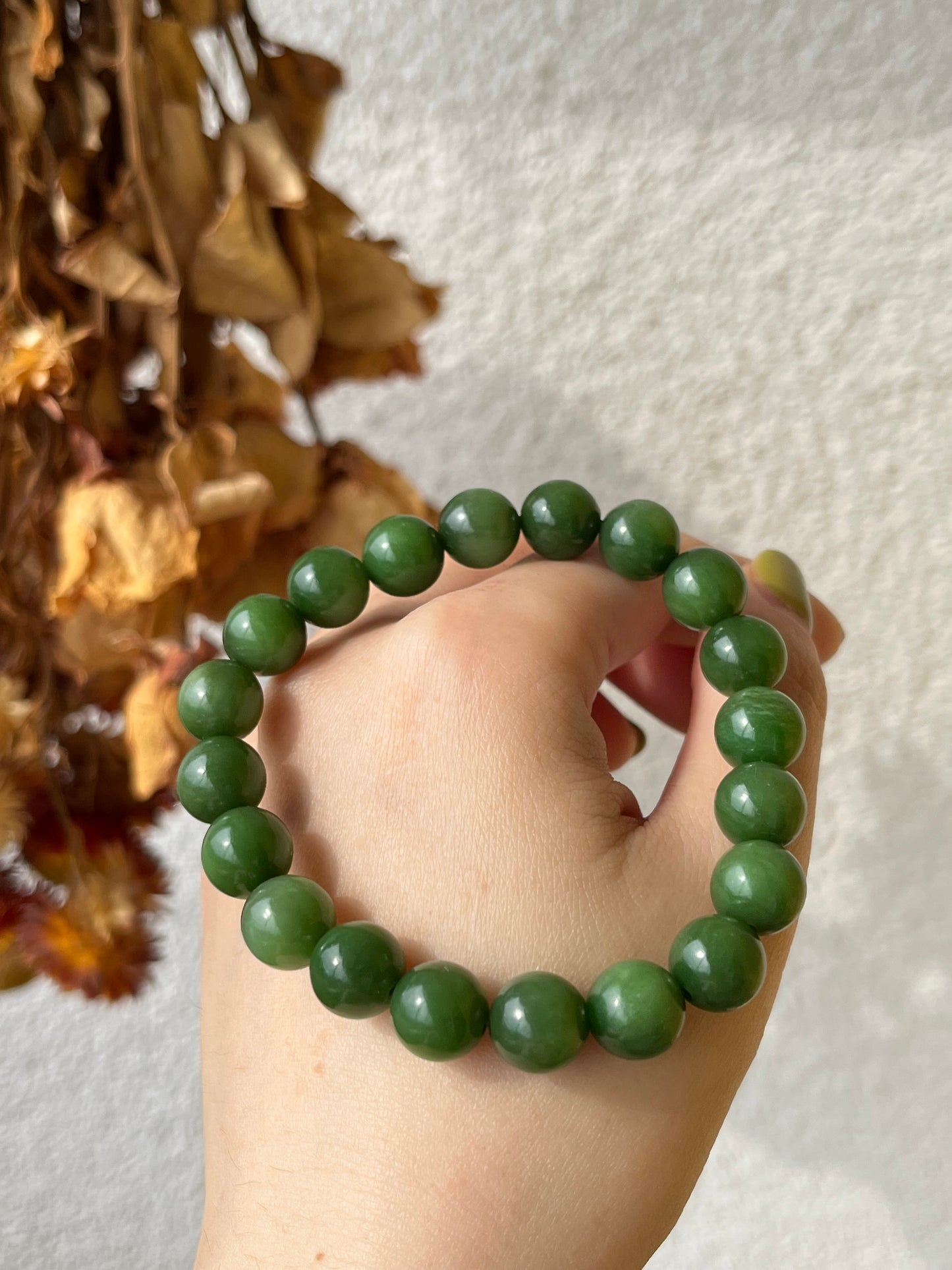 Green Hetian Jade Beaded Bracelet 10mm | 和田碧玉粉绿手串