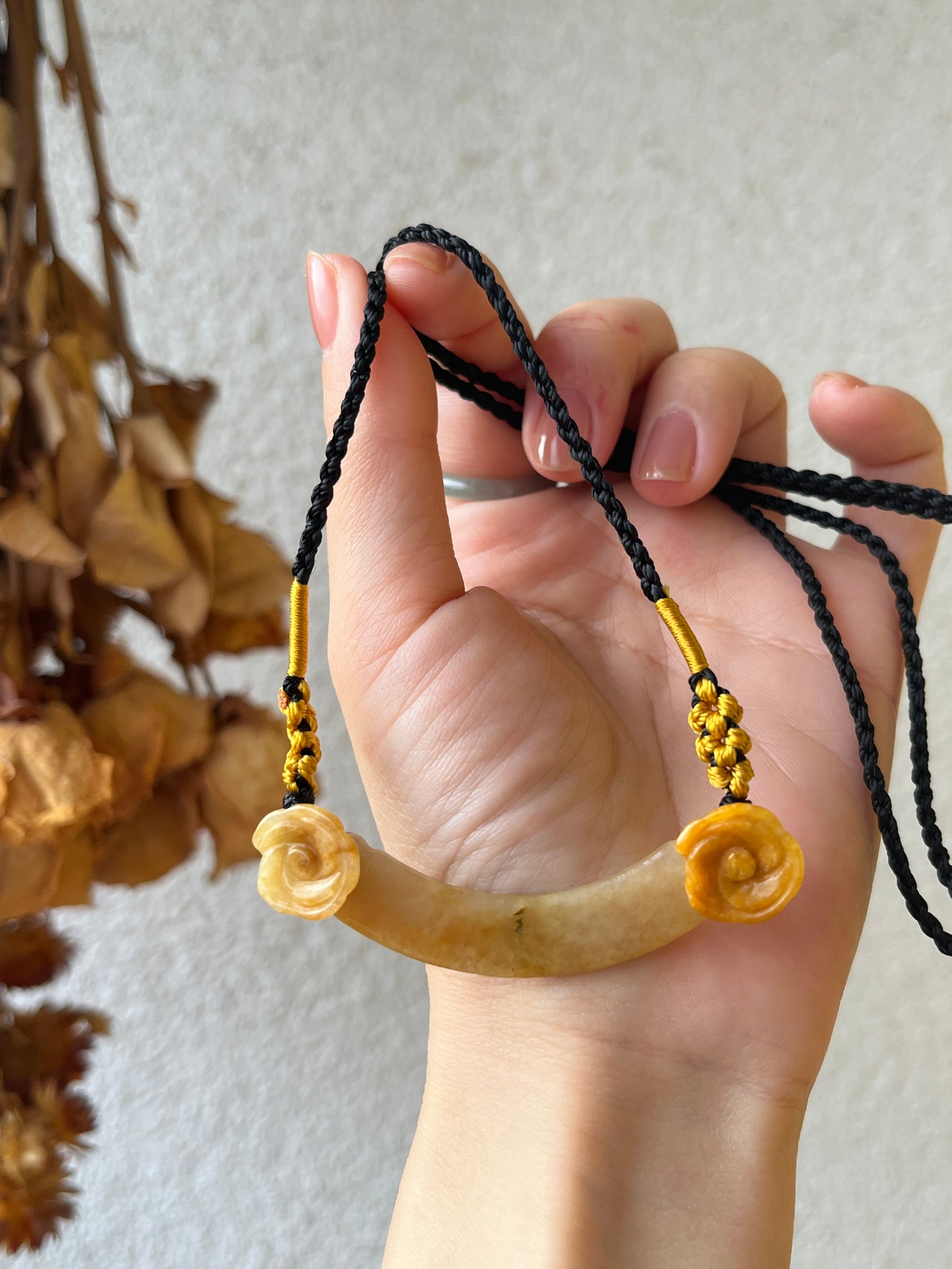 Handmade Yellow Jadeite Huang Necklace | 手编黄翡玉璜