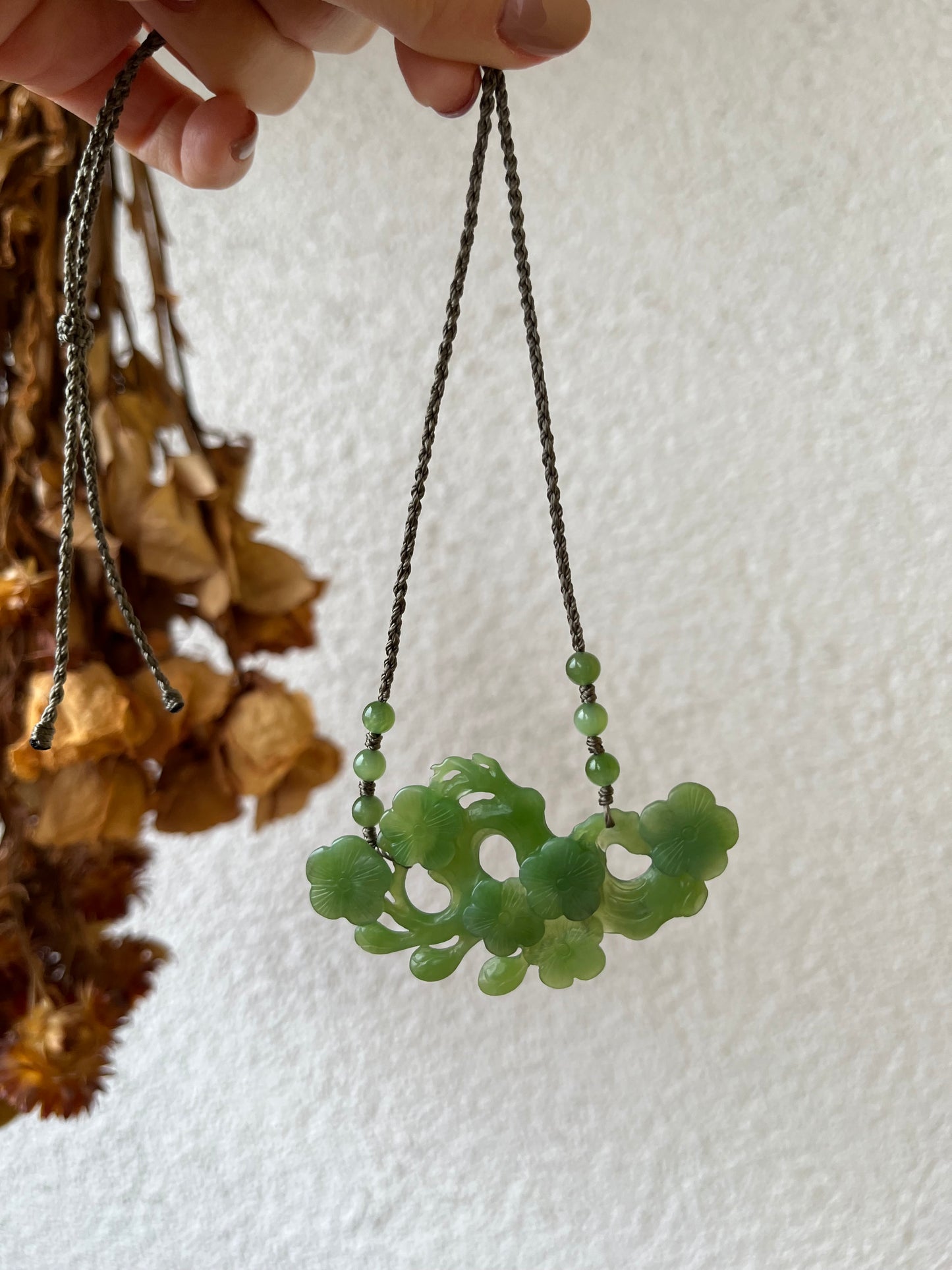Hand Carved Green Hetian Jade Plum Blossom Pendant  | 手雕和田碧玉梅花