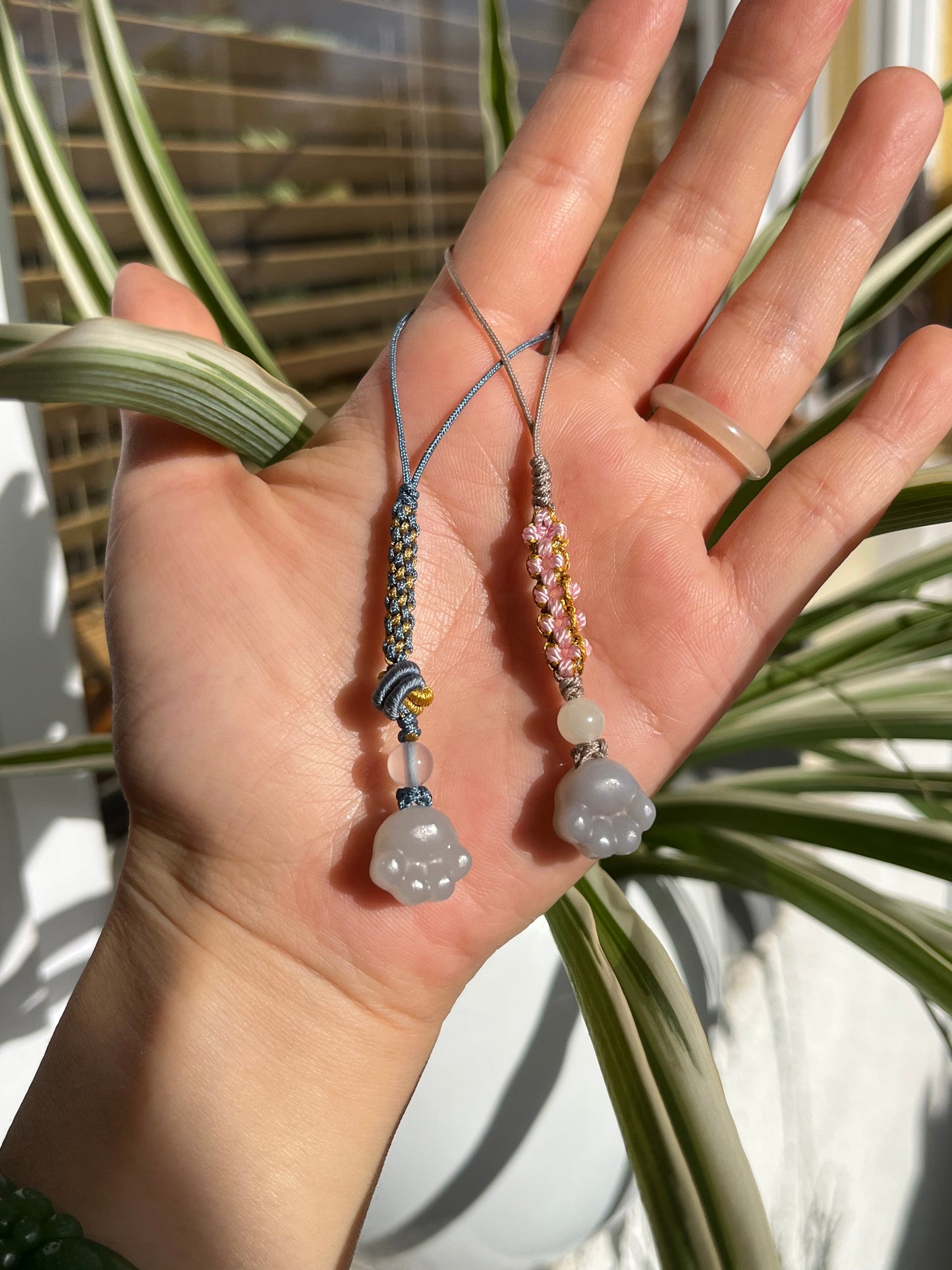 Handmade Cute Phone / Bag Charms with Carved Hetian Jade Pendants