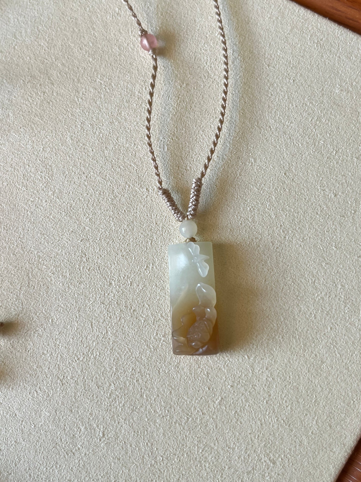 Hand Carved Brown and White Hetian Jade Lotus and  Dragonfly | 手雕糖白和田玉荷花蜻蜓吊坠