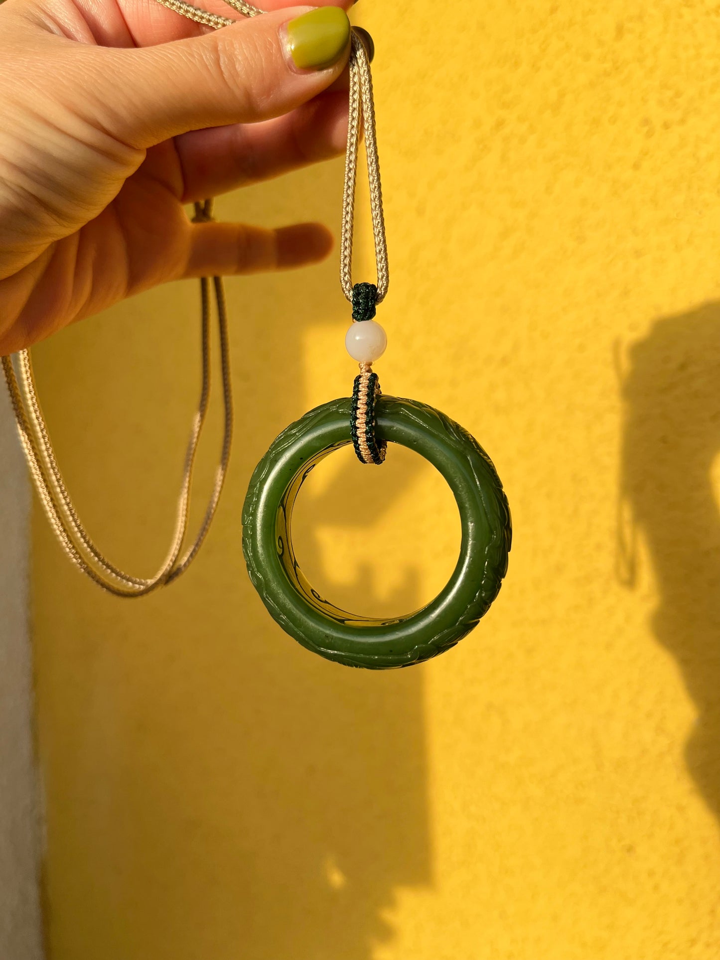 Hand Carved Green Hetian Jade Lotus Flower Peace Ring Pedant, 手雕碧玉荷花平安环吊坠