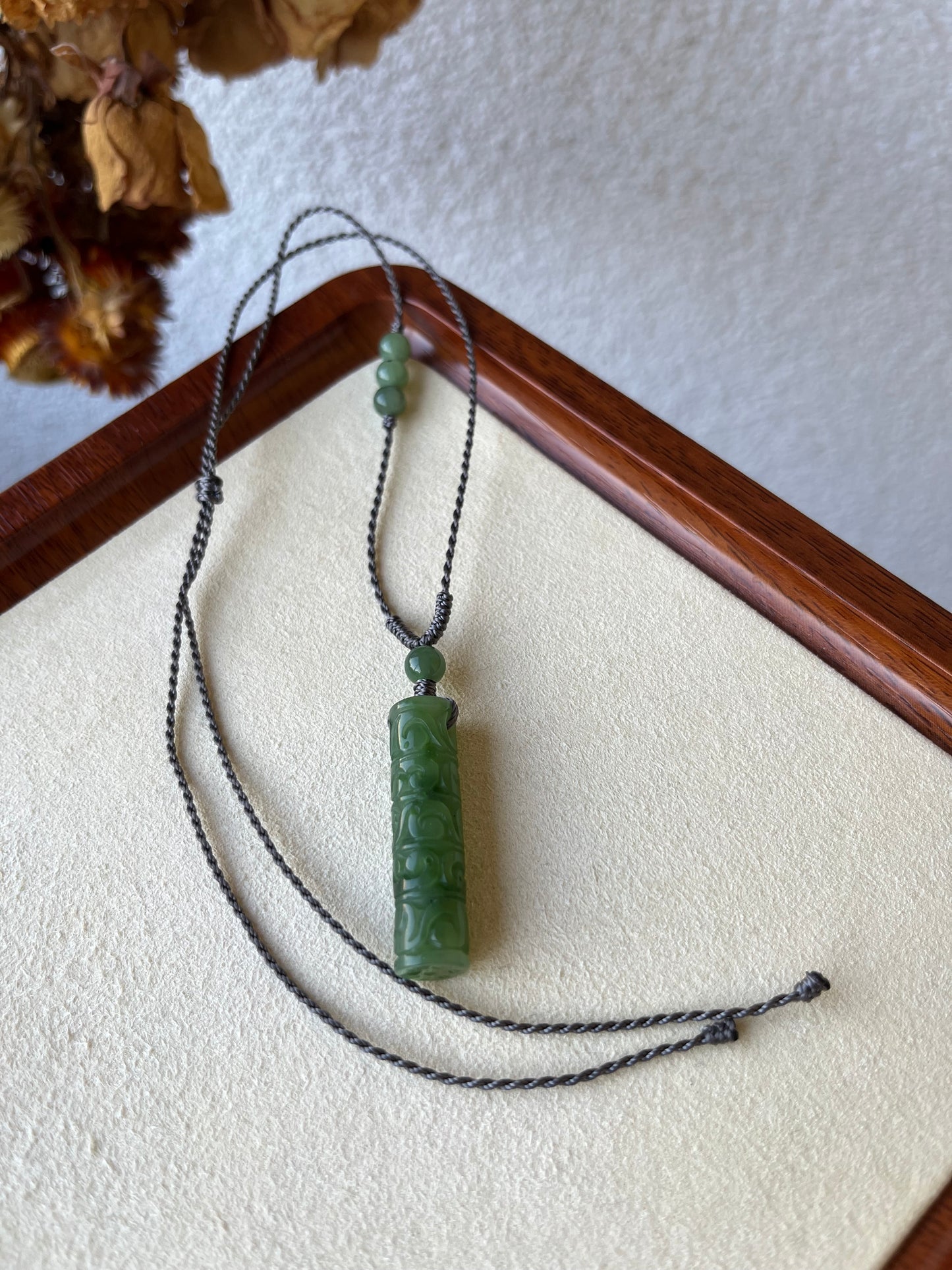 Cylindrical Green Hetian Jade Pendant Carved with Antique Pattern