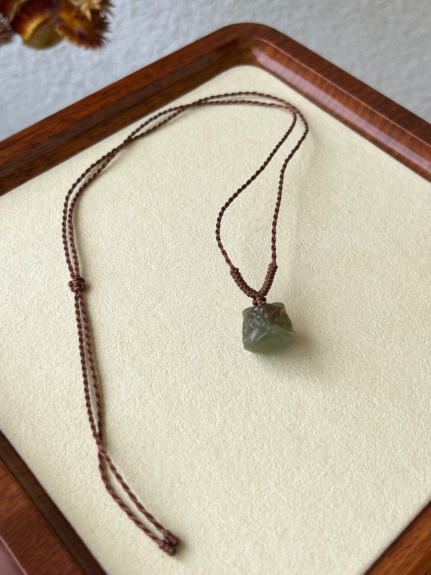 Cute Blue and Brown Hetian Jade Lion Dance Head Necklace