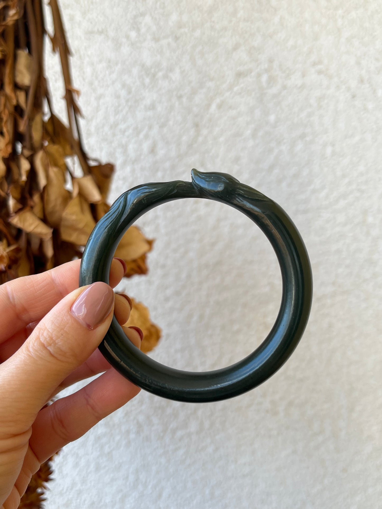 Hand Carved Dark Green Hetian Jade Nine-tailed Fox Bangle 56mm | 手雕和田青玉九尾手镯