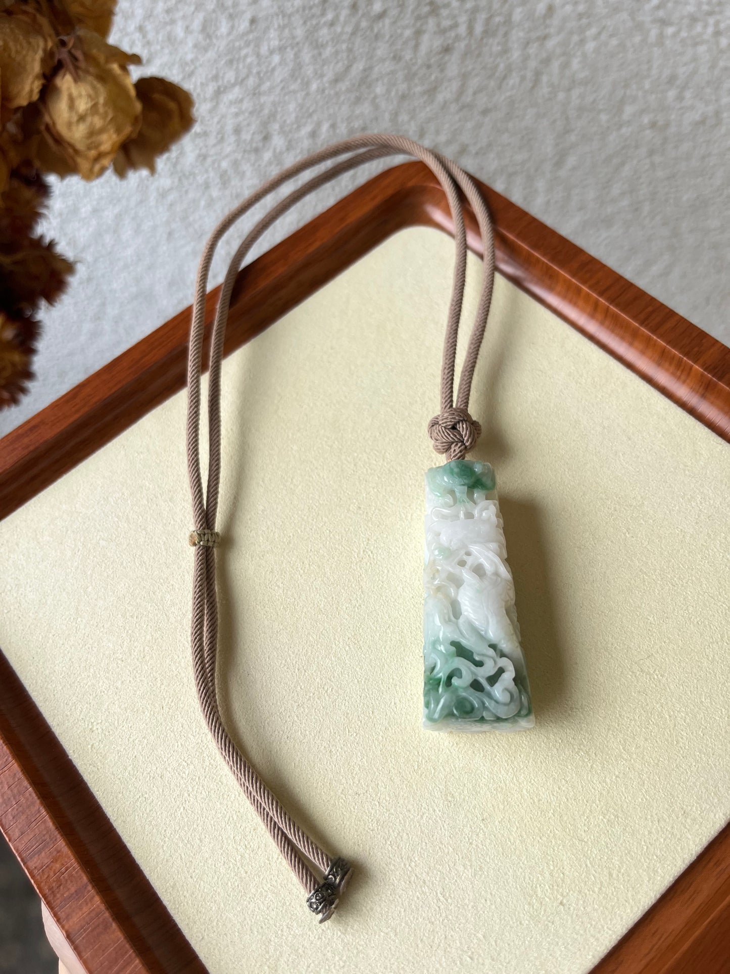 Hand Carved Jadeite Dragon and Phoenix Pillar